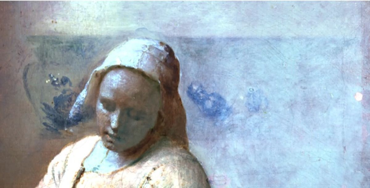 חלק מתמונת השתקפות באינפרא אדום של The Milkmaid של ורמיר, מראה כדים תלויים על ווים. שצוירו מאוחר יותר

קרדיט: רייקסמוזיאום, אמסטרדם