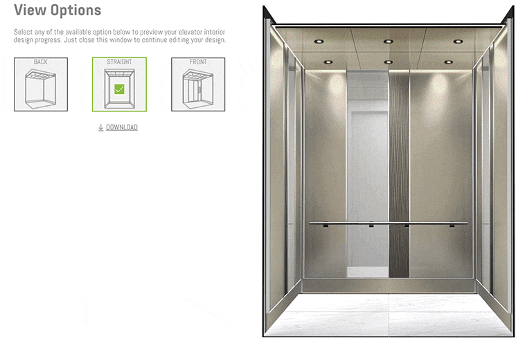 Changing views of an elevator design on the Elevator Design Studio