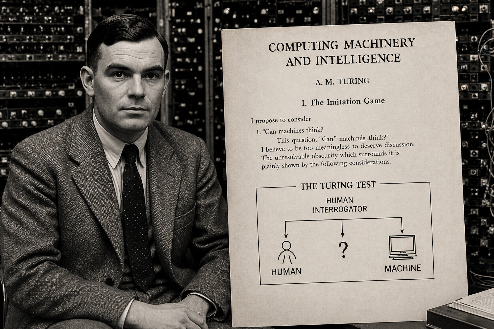 Portrait of Alan Turing, the father of AI, referencing his 1950 paper on Computing Machinery and Intelligence.