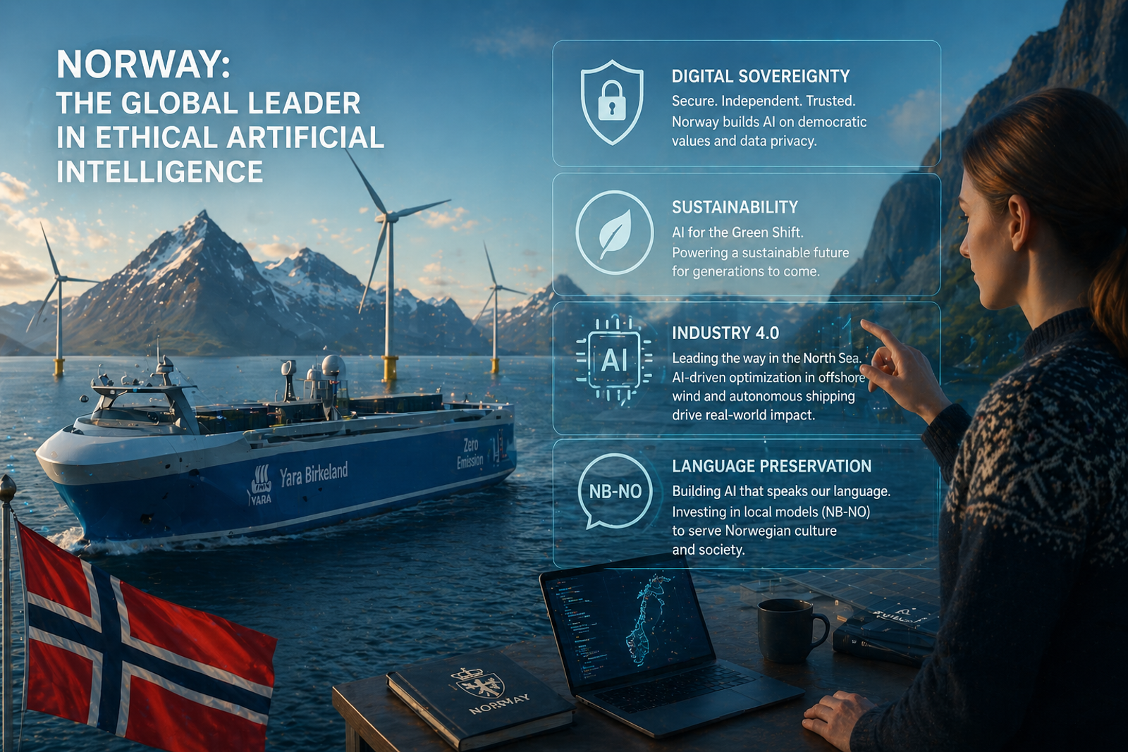The Yara Birkeland, the world's first fully electric and autonomous container ship, demonstrating Norway's AI-driven green shift.
