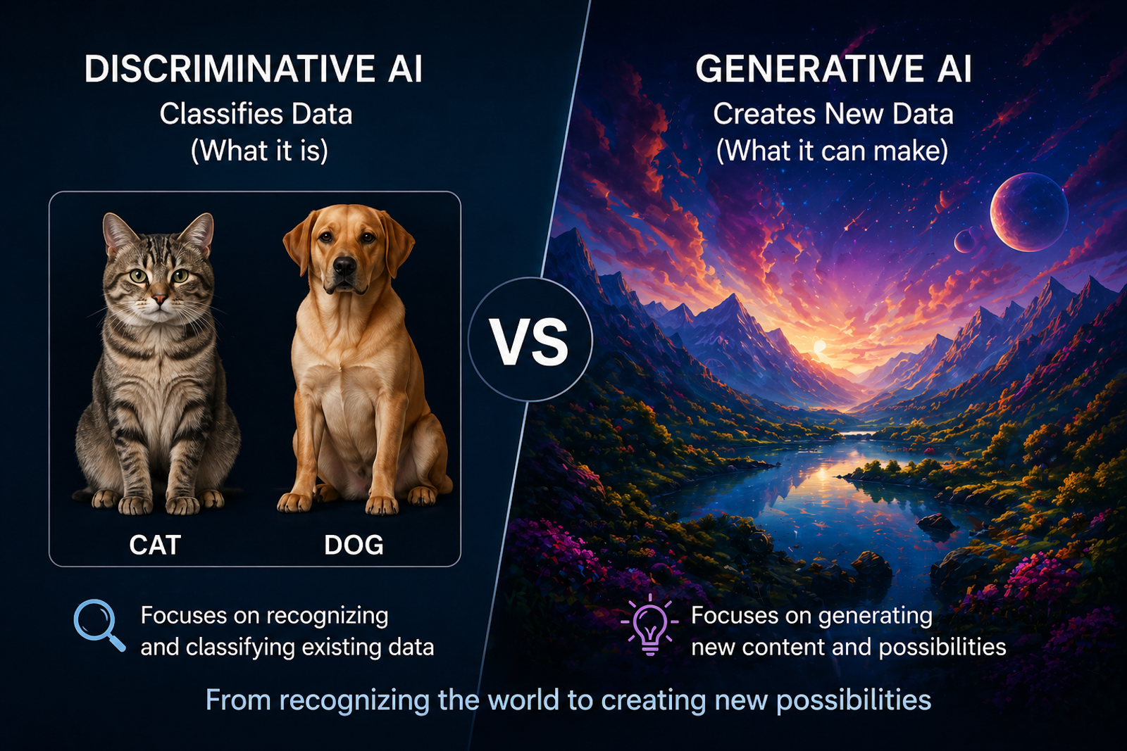 A comparison chart showing Discriminative AI identifying existing images versus Generative AI creating entirely new digital art and text.