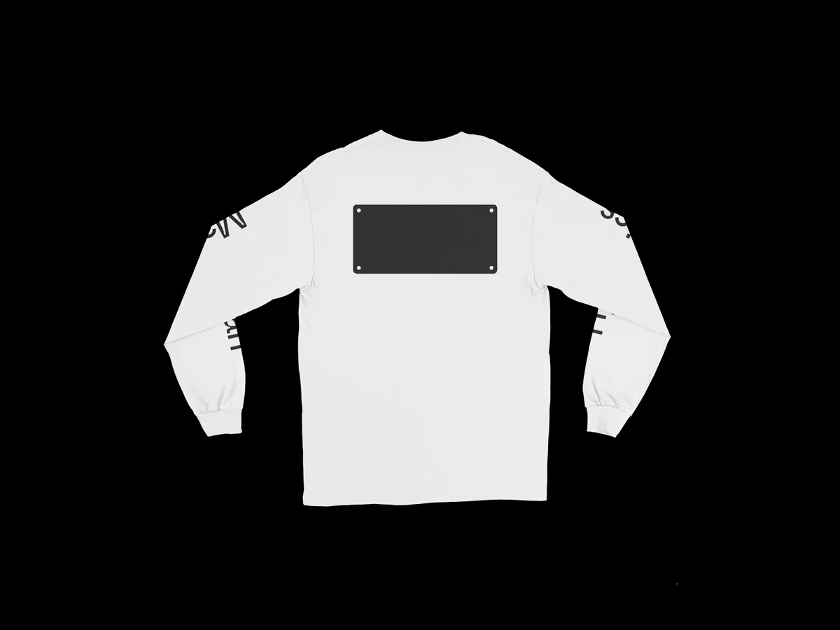 White long sleeve t-shirt, available in Small - 5XL, large black rectangle (reminiscent of a license plate) with four white dots in corners on breast, and the words, Manhattan Hydraulics down the sleeves on each arm)