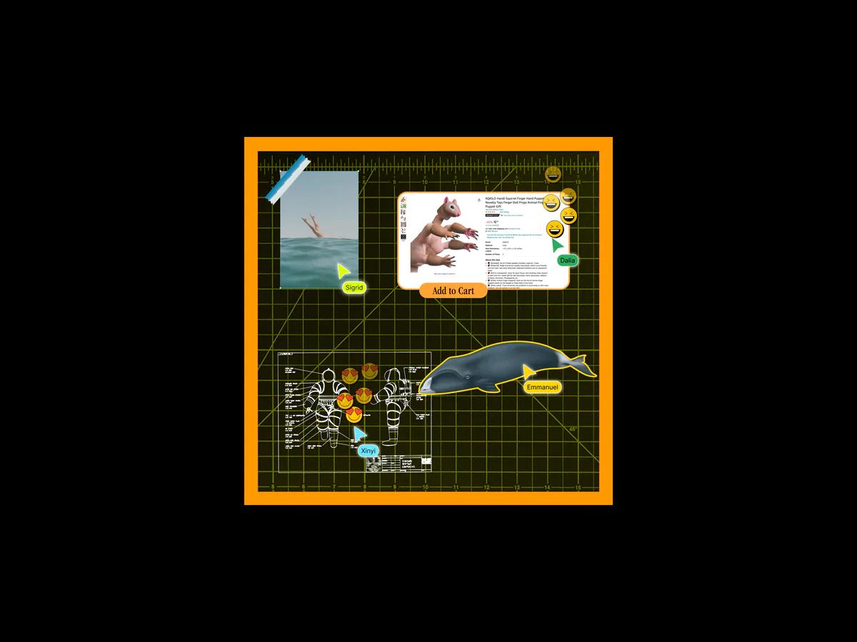 collage with person diving into ocean postcard, whale sticker, and other stickers and emojis with figma cursors, made on a cutting mat with orange background on black widescreen