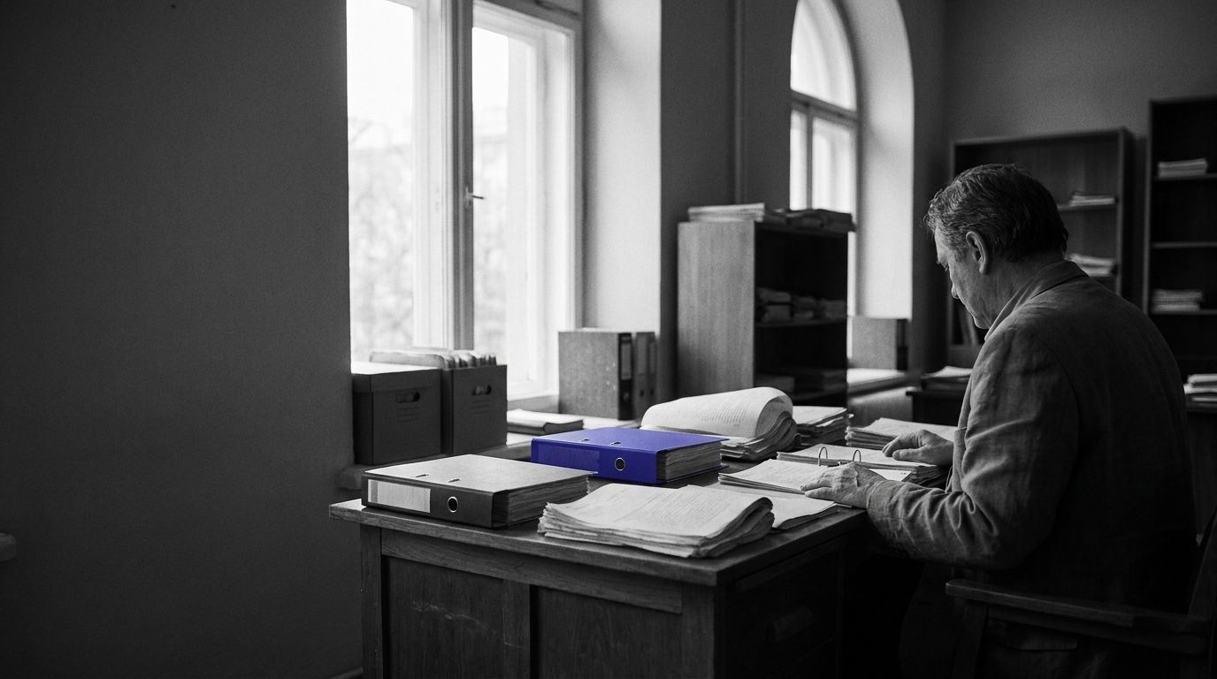 Black and white image of a man from behind, working at a cluttered office desk with a blue binder.