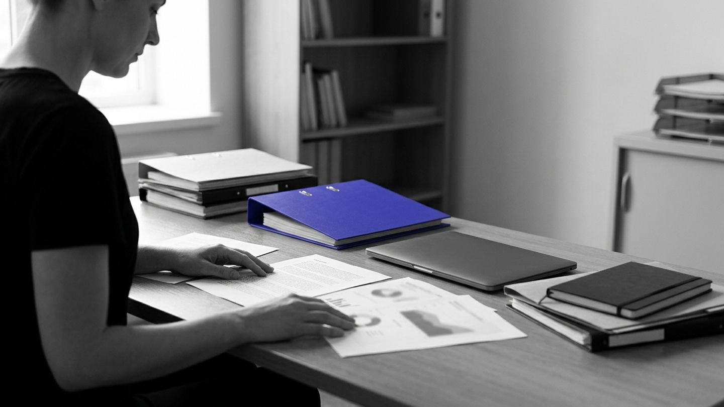 Compliance professional at a desk reviewing documents, with a single indigo folder among grey binders