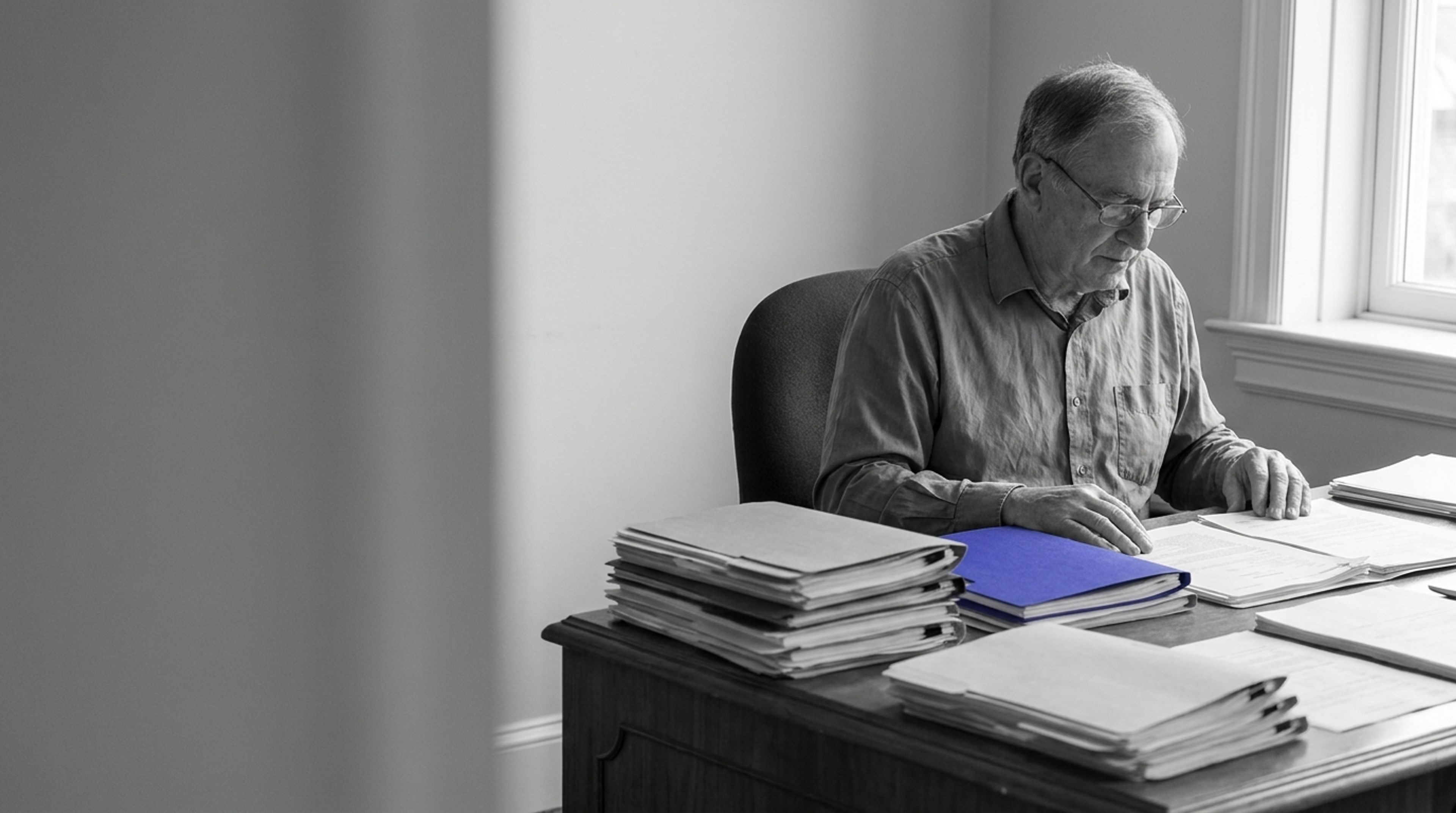 Monochromatic image of an older man reviewing documents at a desk with a prominent blue folder among other files.