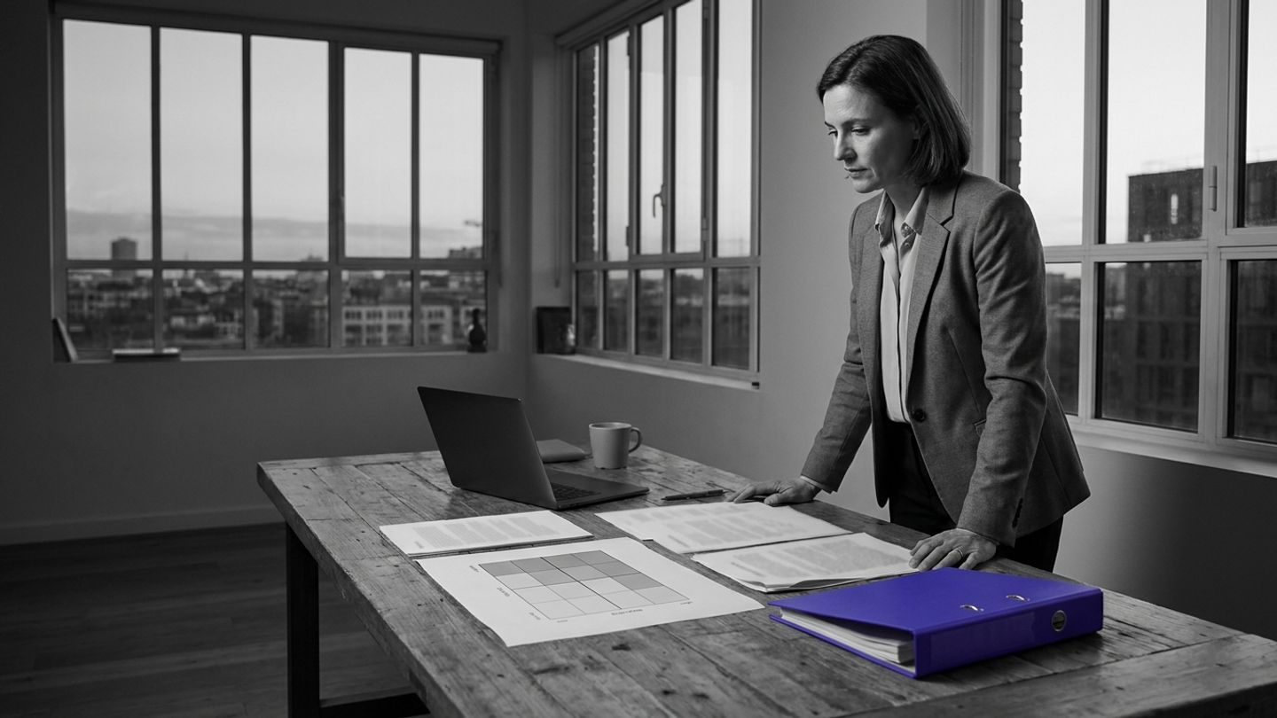 Compliance lead at a long table studying documents, with a single indigo binder among grey folders