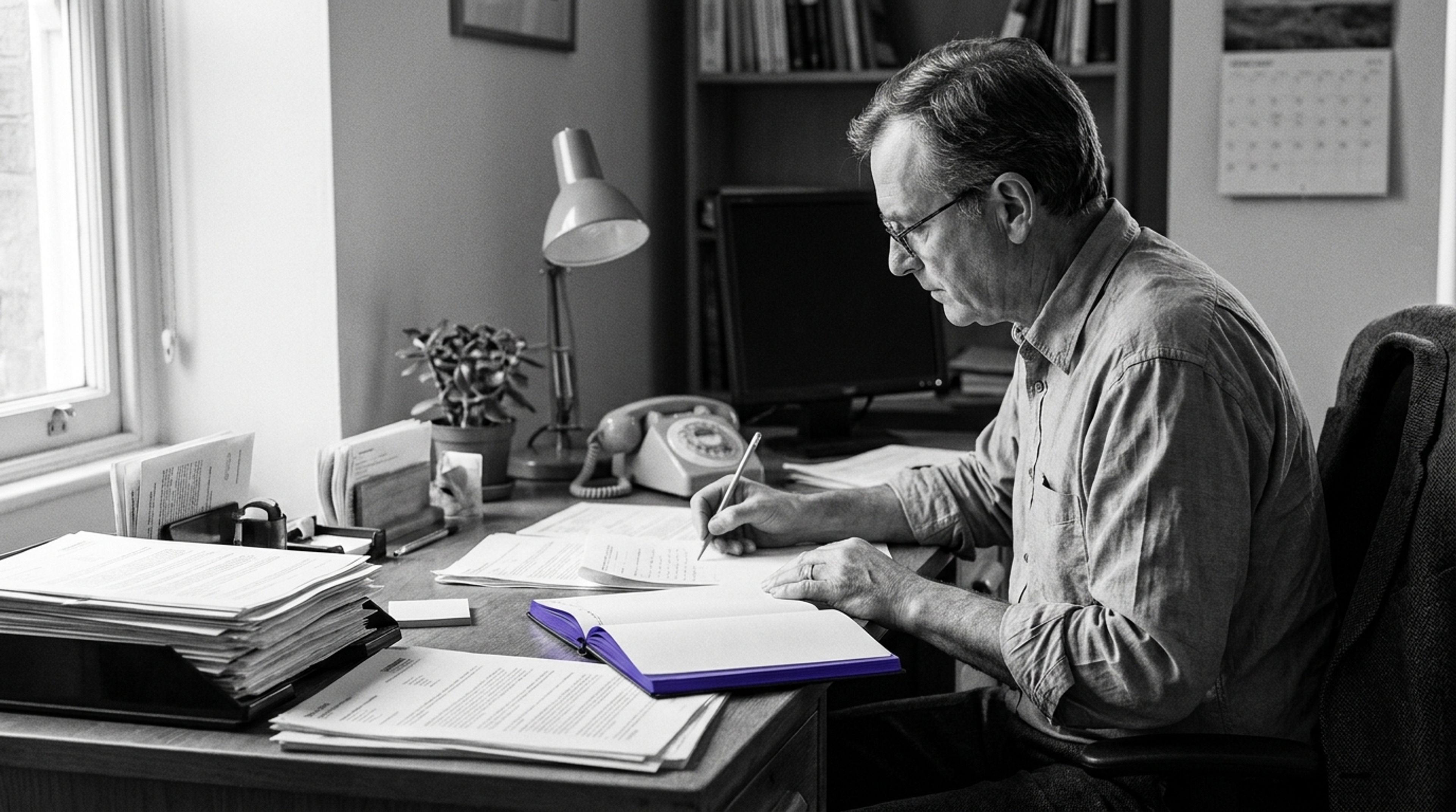 An underwriter works through rating tables beside an open indigo notebook.