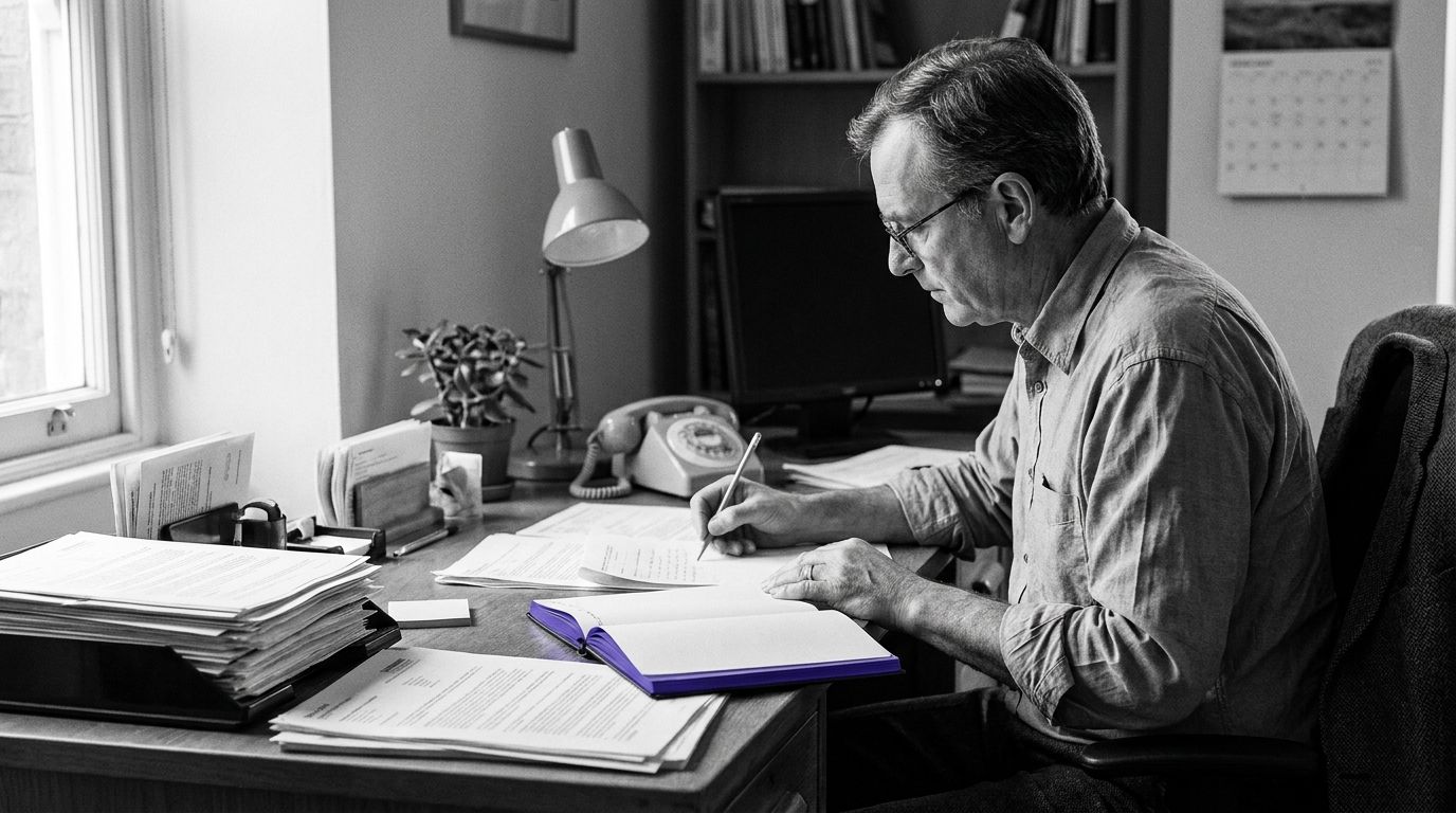 An underwriter works through rating tables beside an open indigo notebook.