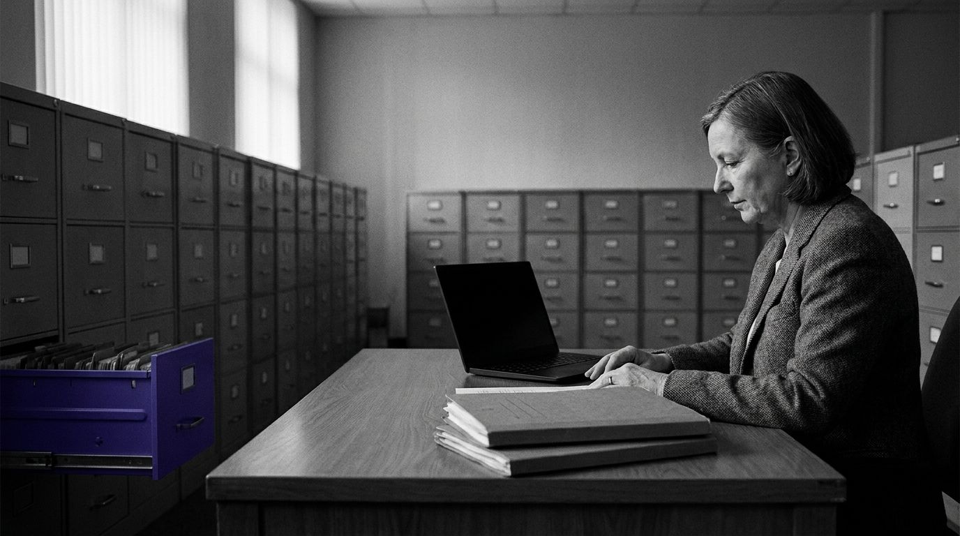 A woman works on a laptop at a desk surrounded by filing cabinets, with one purple drawer open.