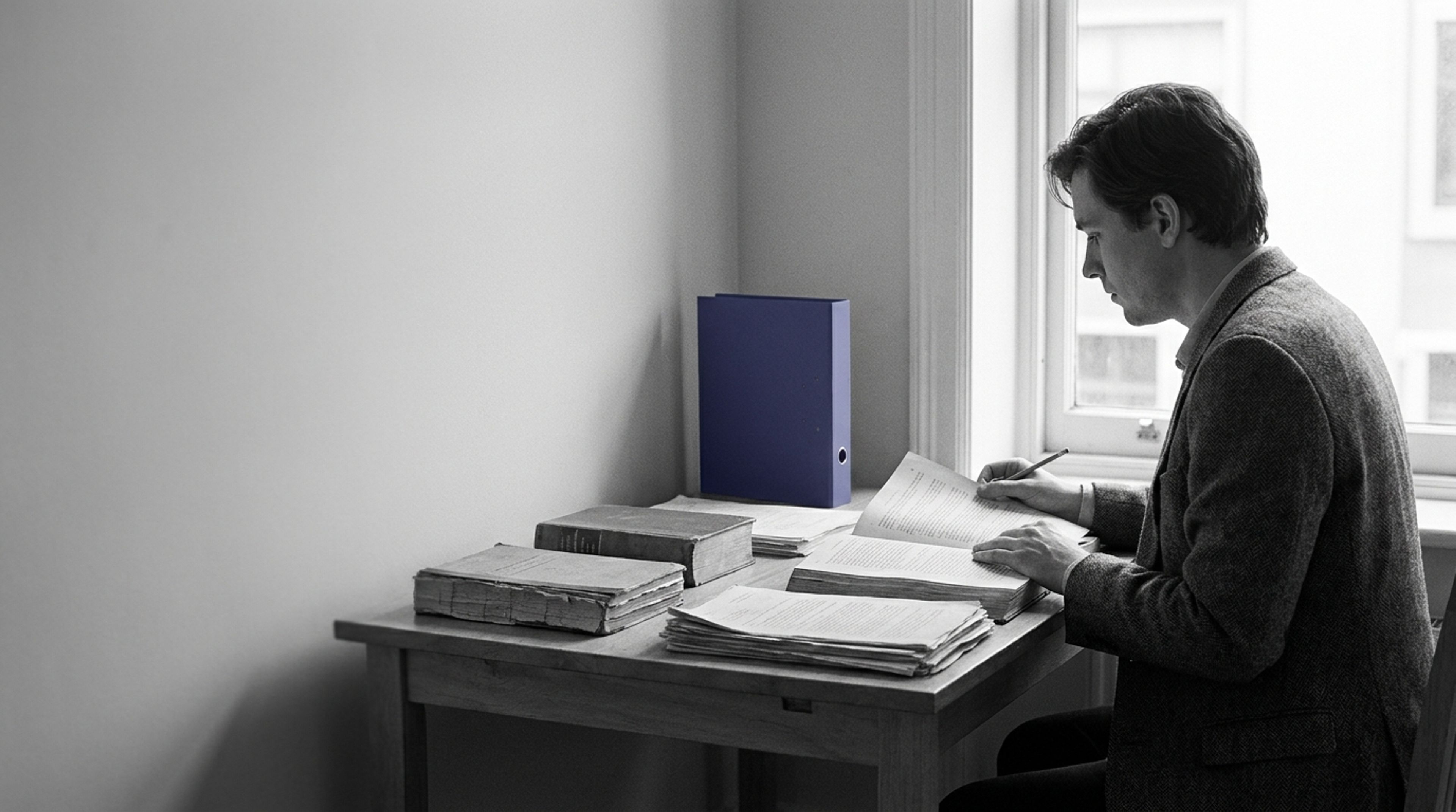 A researcher checks an open source document against drafted papers at a desk, beside a single indigo folder spine.