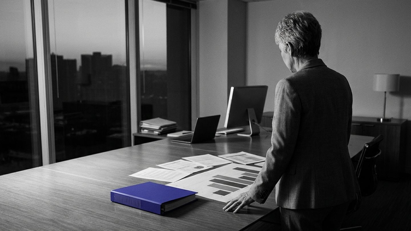 Executive reviewing documents at a boardroom table, with a single bold indigo binder