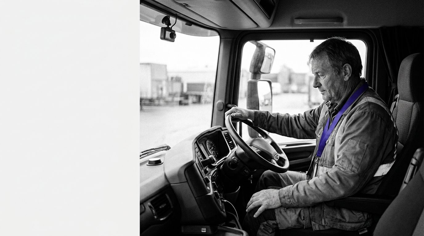 A pensive truck driver sits in his cab, wearing a blue lanyard, with a dashcam mounted on the windshield.