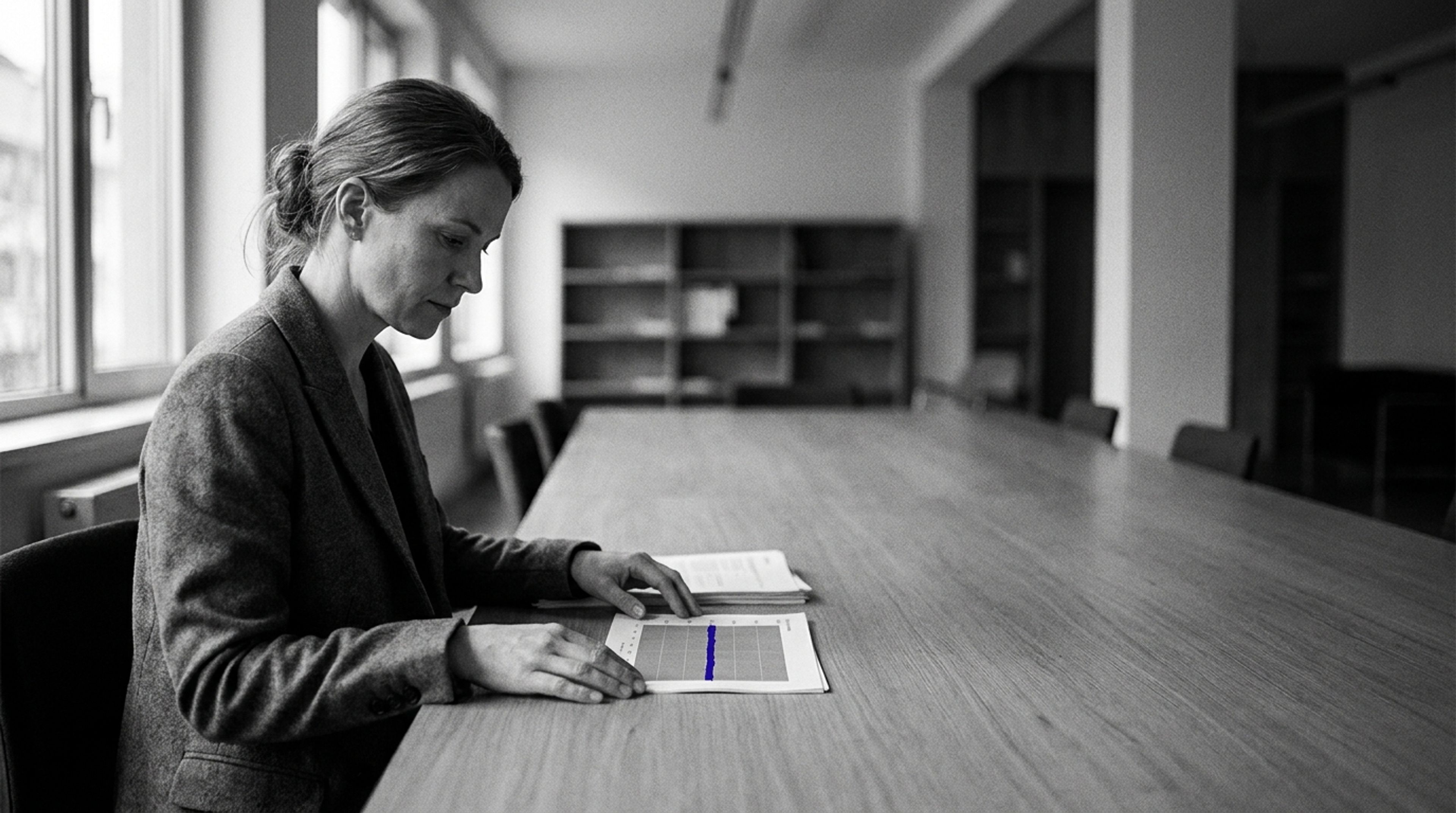 Compliance officer in profile at a desk studying a chart, with a single bold indigo line