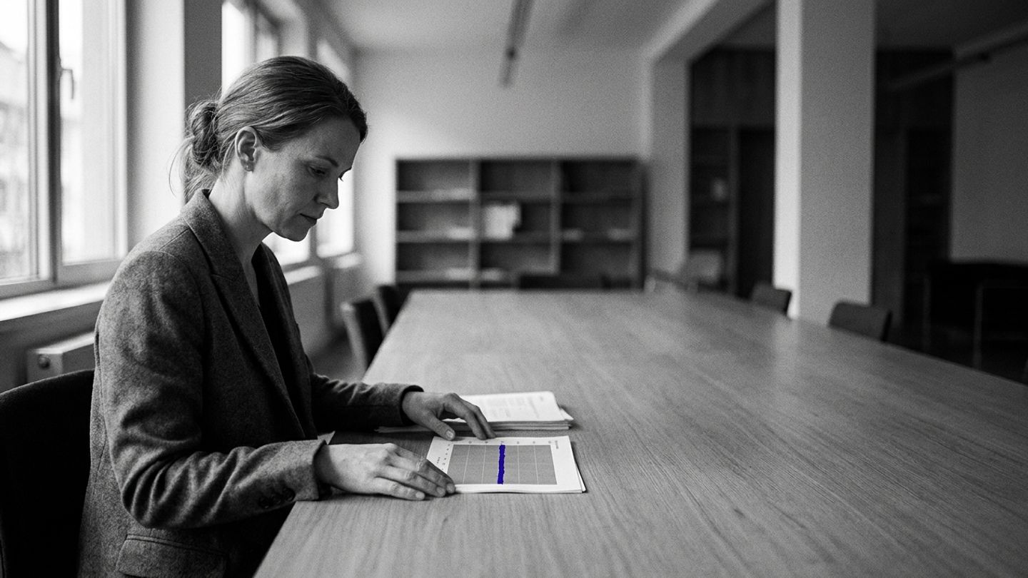 Compliance officer in profile at a desk studying a chart, with a single bold indigo line