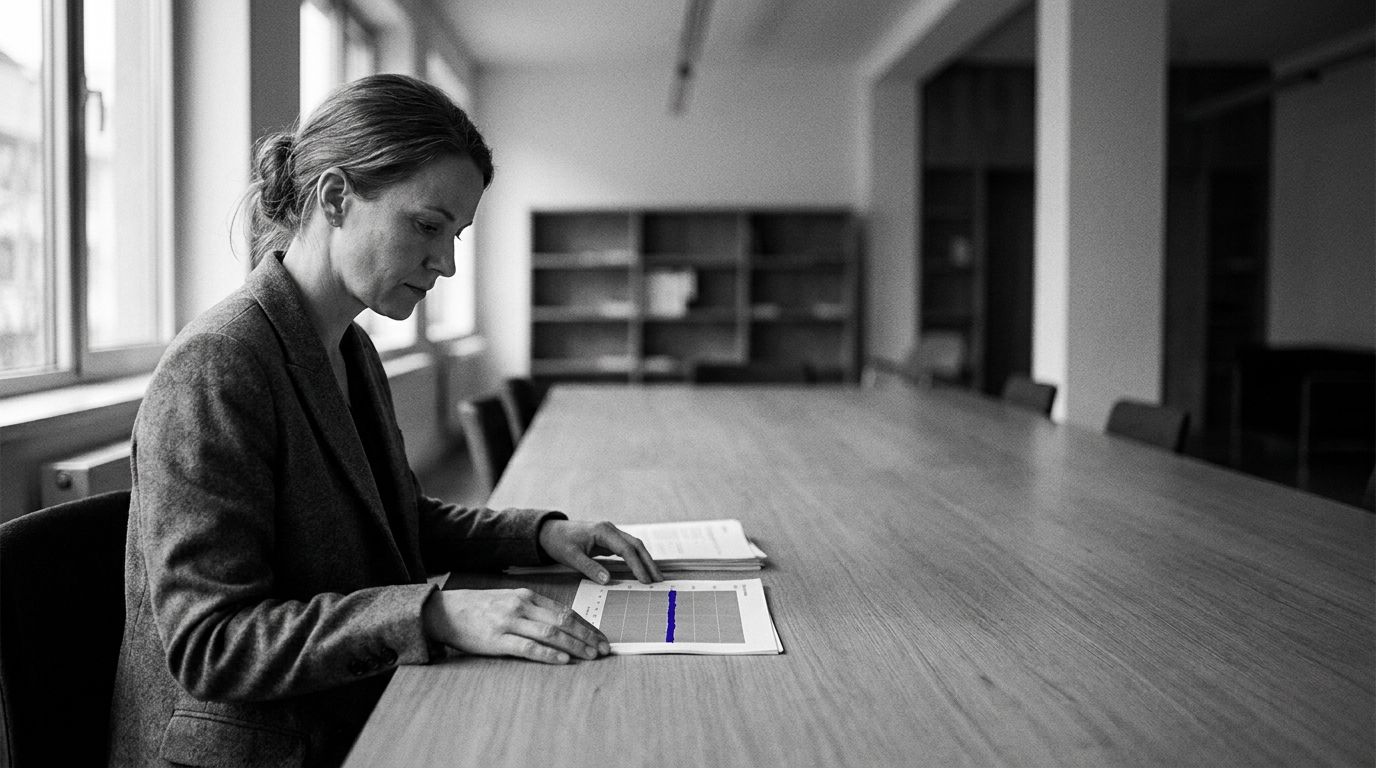 Compliance officer in profile at a desk studying a chart, with a single bold indigo line