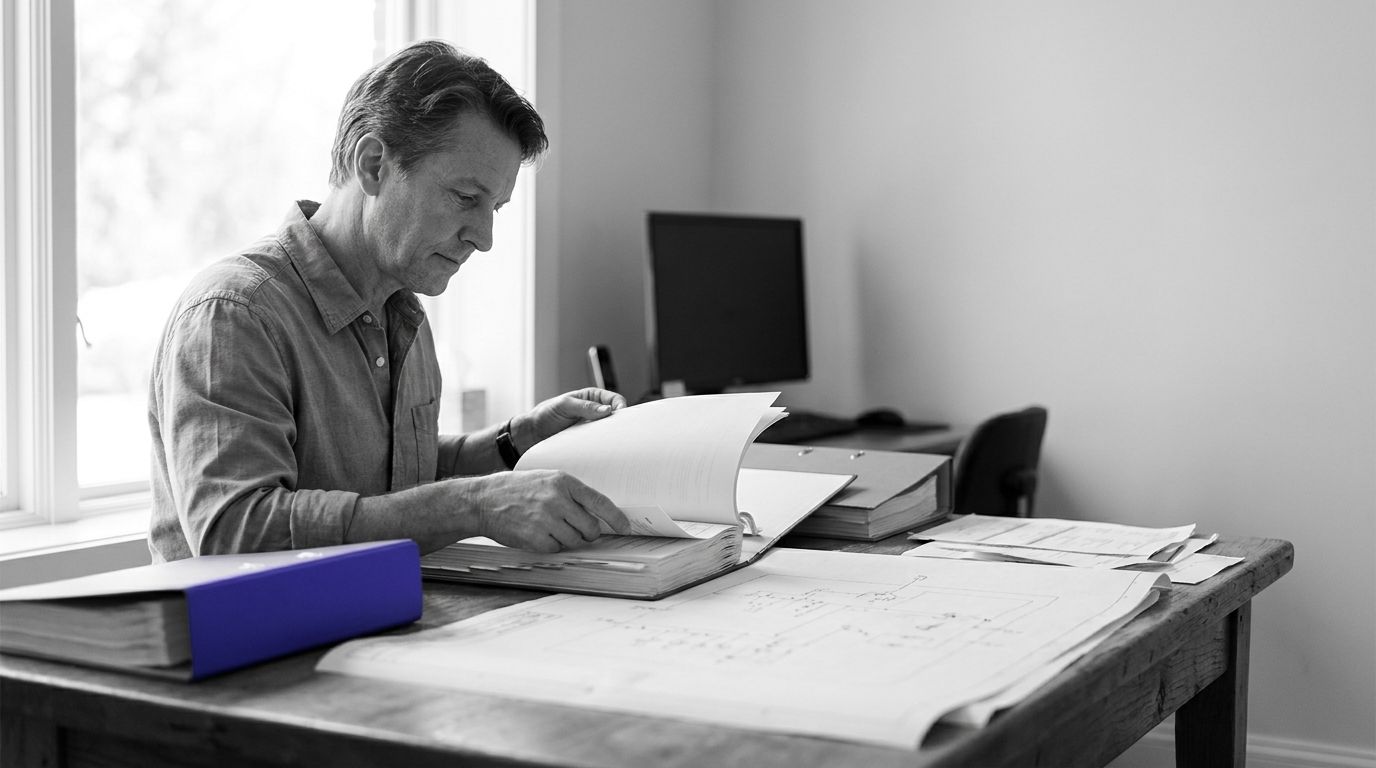 A man reviews documents at a desk, with a blue binder highlighted in an otherwise black and white scene.