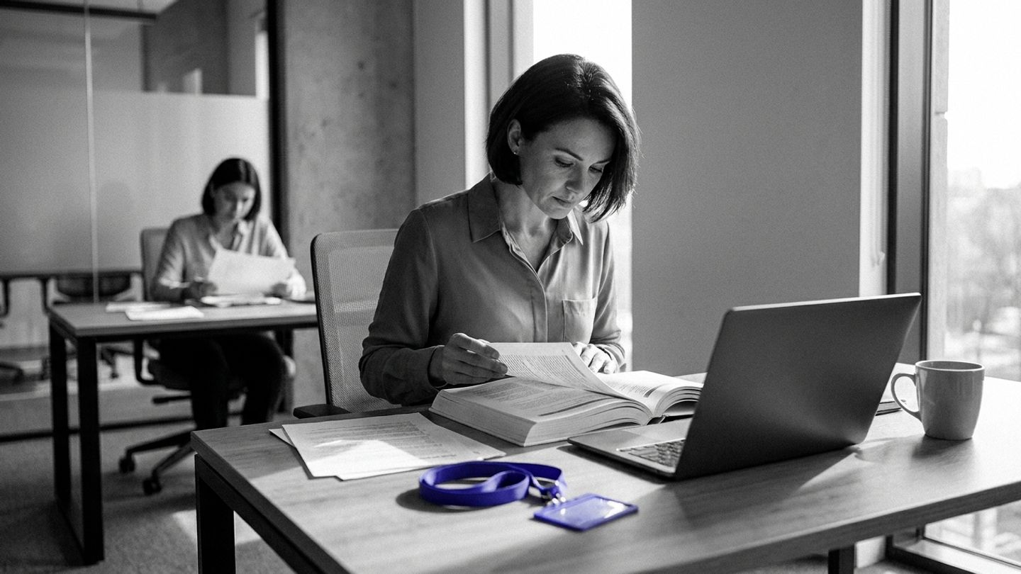Professional at a desk studying printed AI training materials, with an indigo lanyard