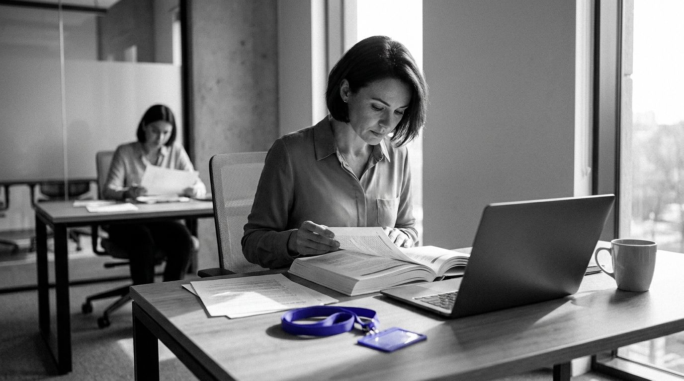 Professional at a desk studying printed AI training materials, with an indigo lanyard