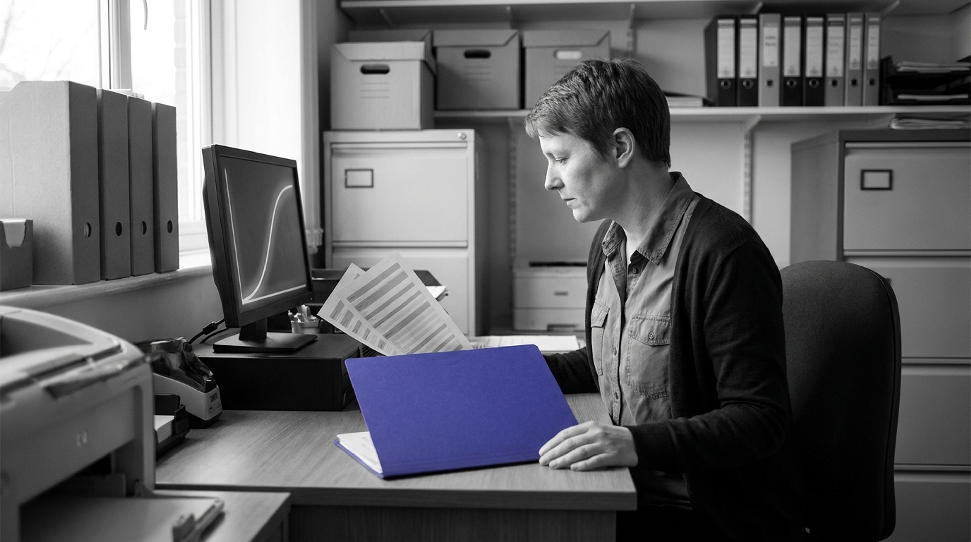 A housing officer reviews records at a desk in a black-and-white office, beside a single vivid indigo folder.