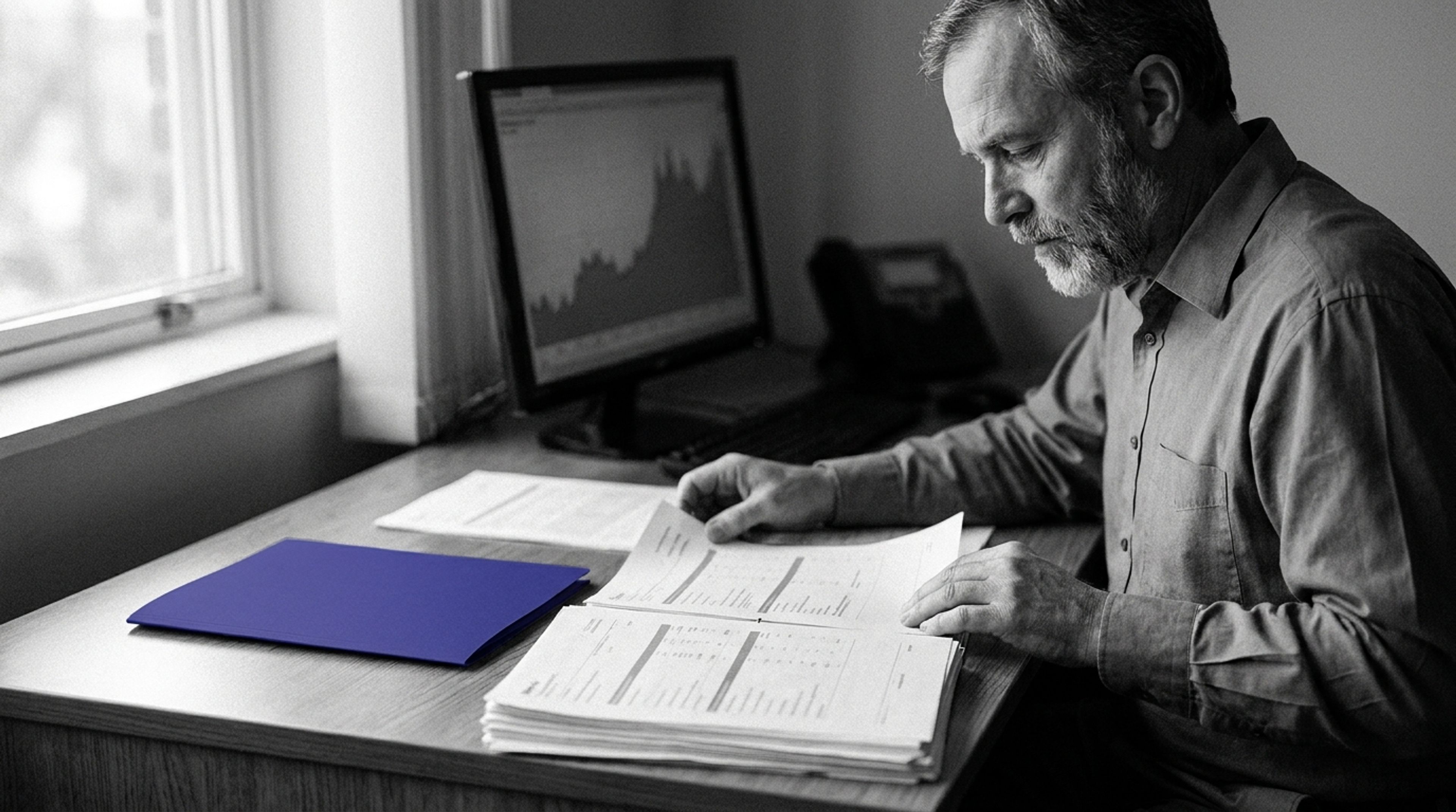 Bearded man examining papers at a desk, with a blue folder and a computer showing a graph.