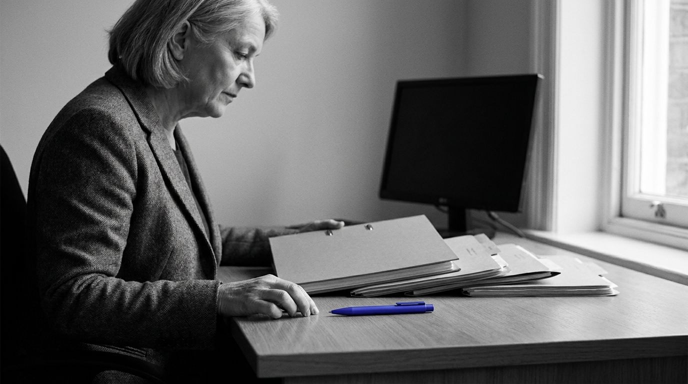 A black and white image of an older woman reviewing files at a desk, with a blue pen highlighted in color.