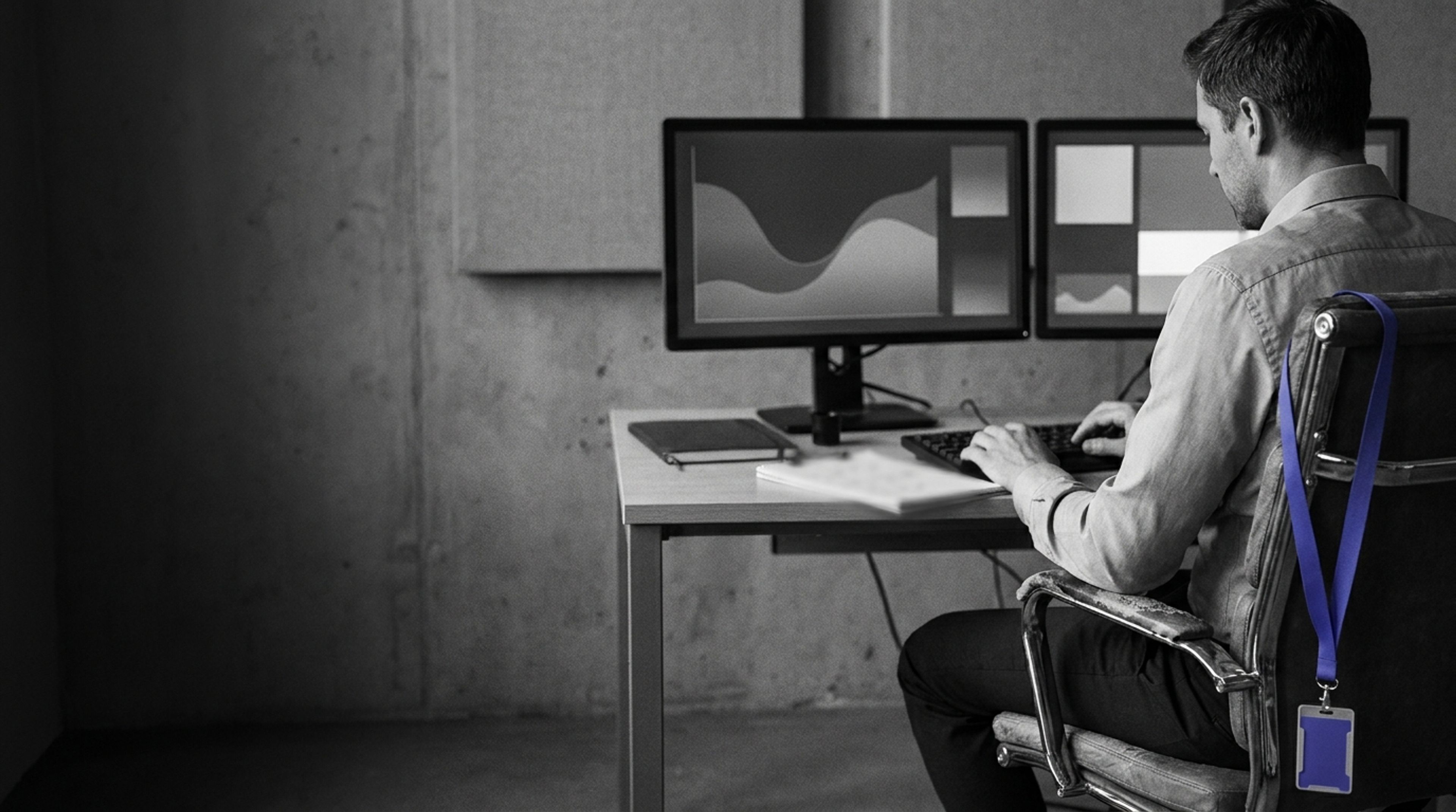 Professional in a control room watching monitors, monochrome with an indigo lanyard on the chair