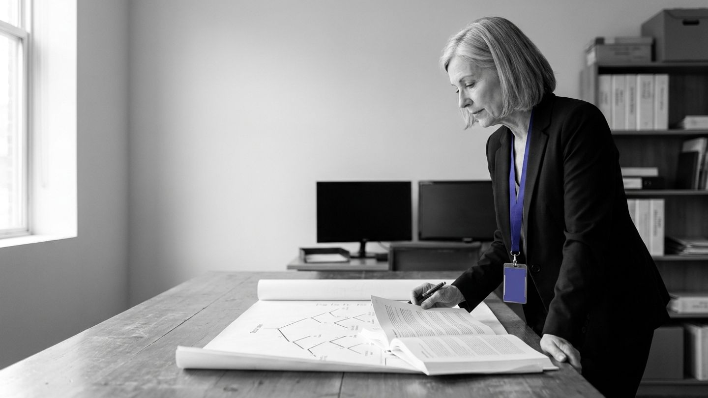 In-house counsel at a table studying documents and a decision-tree diagram, monochrome with an indigo lanyard