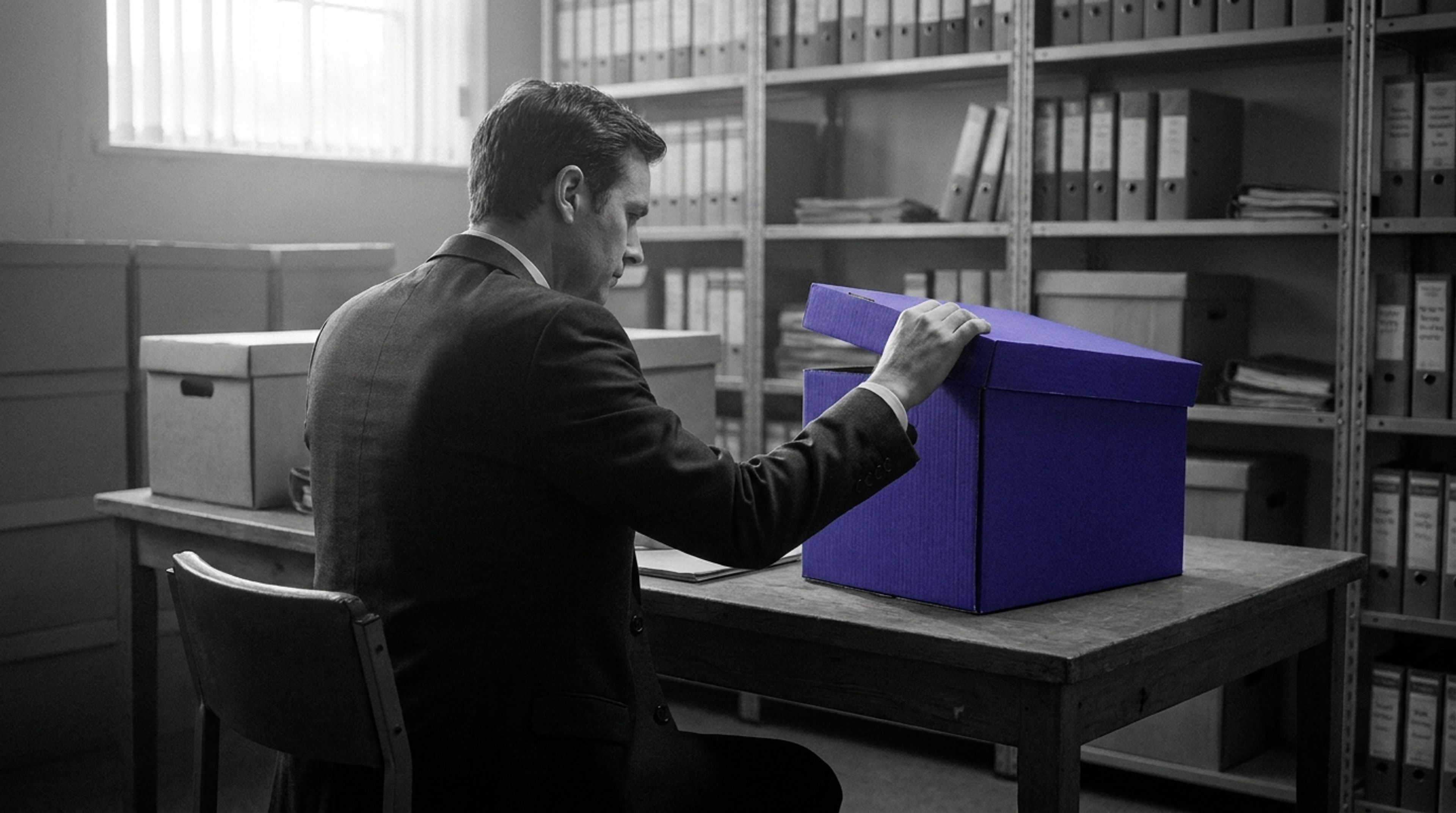 A solicitor opens an indigo archive box at a table in a records room.