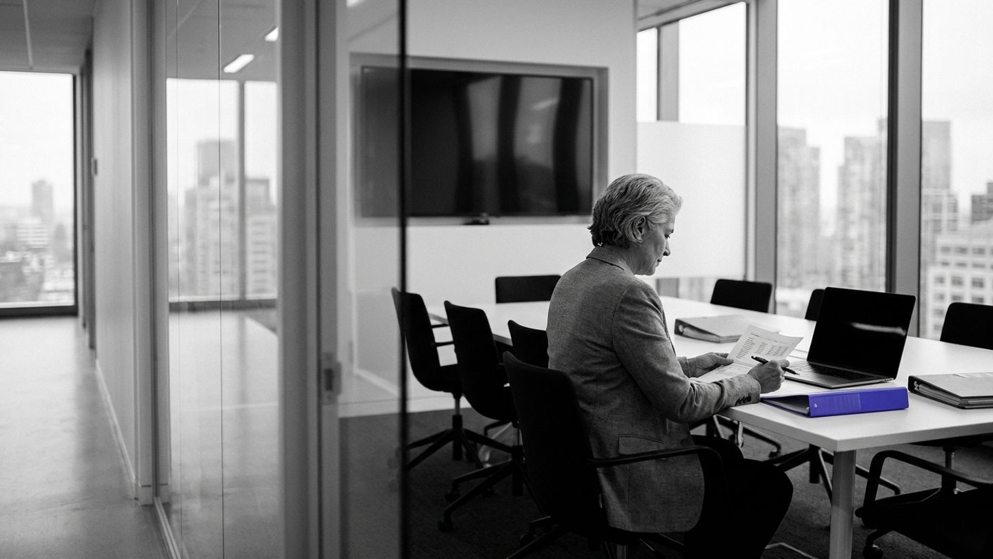Executive alone in a glass conference room reviewing documents, with a single indigo folder