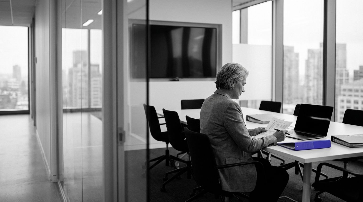 Executive alone in a glass conference room reviewing documents, with a single indigo folder