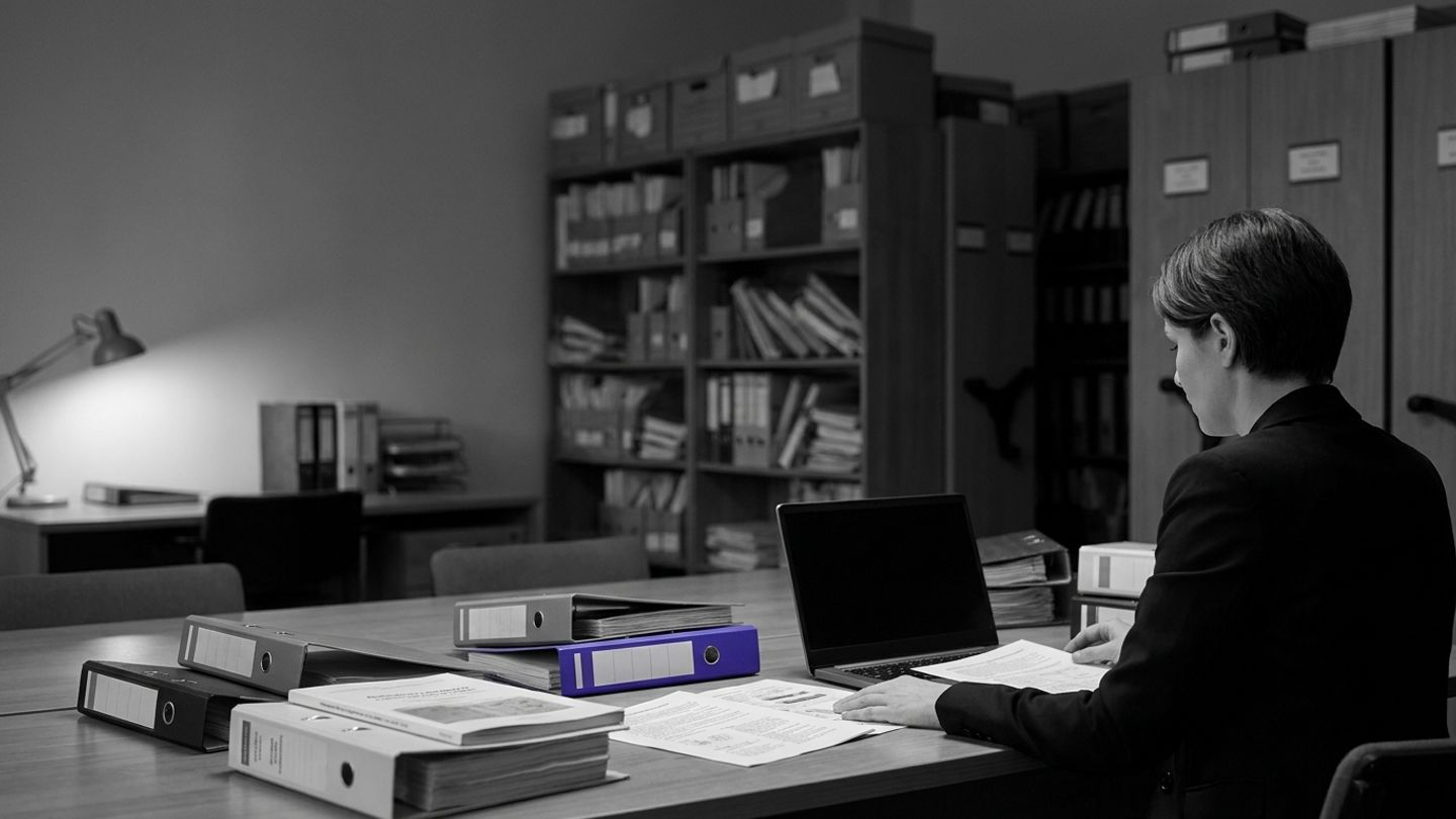 Professional at a table in an archive office studying documents, with a single indigo folder among grey files