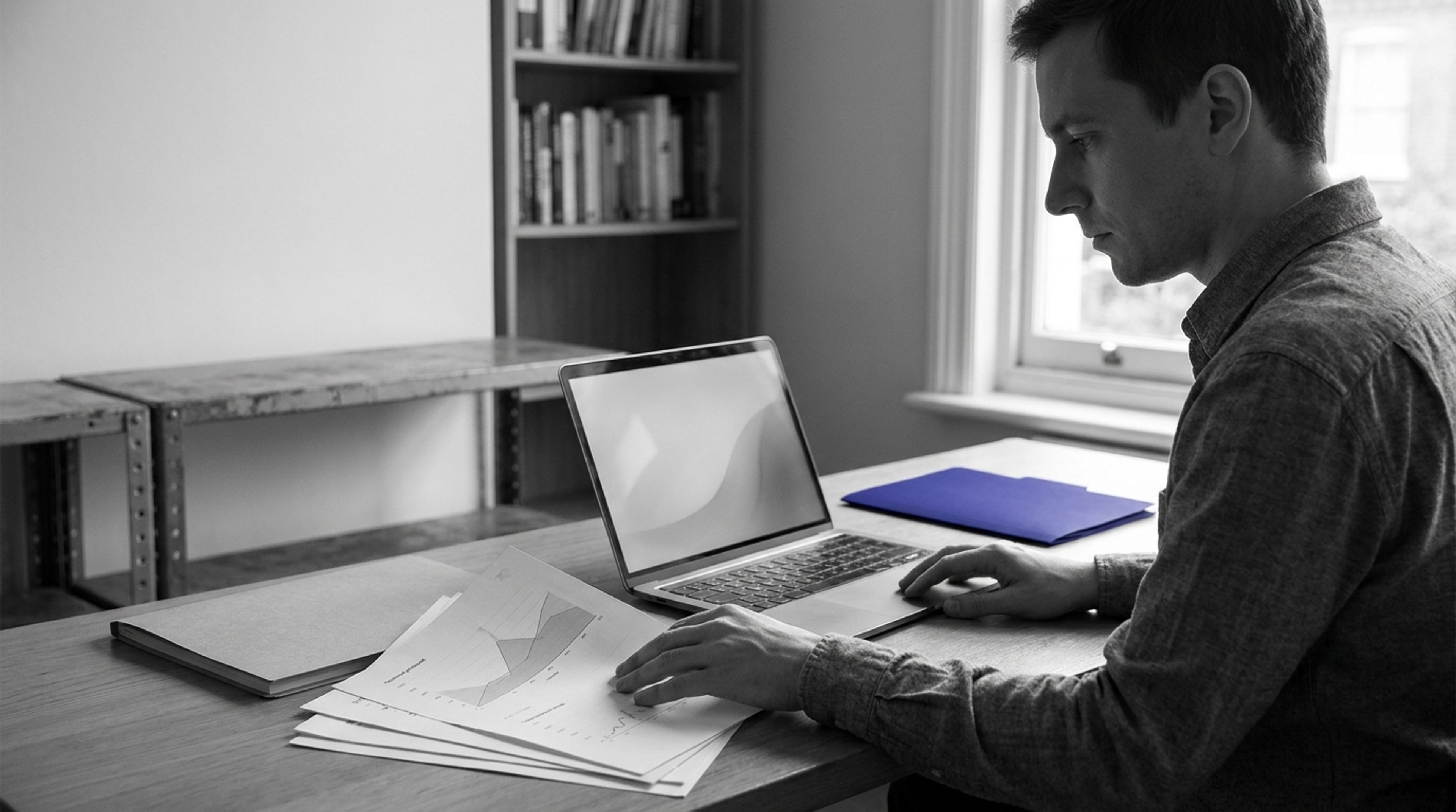 A product manager reviews compliance documents and telemetry at a desk, with a vivid indigo folder standing out in the monochrome scene.