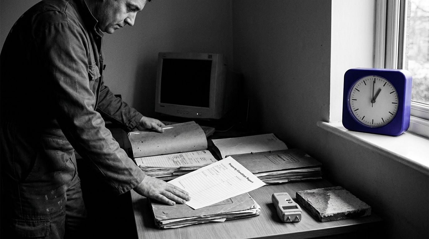 A man reviews documents at a desk in a monochrome office, with a vibrant blue clock on the windowsill.