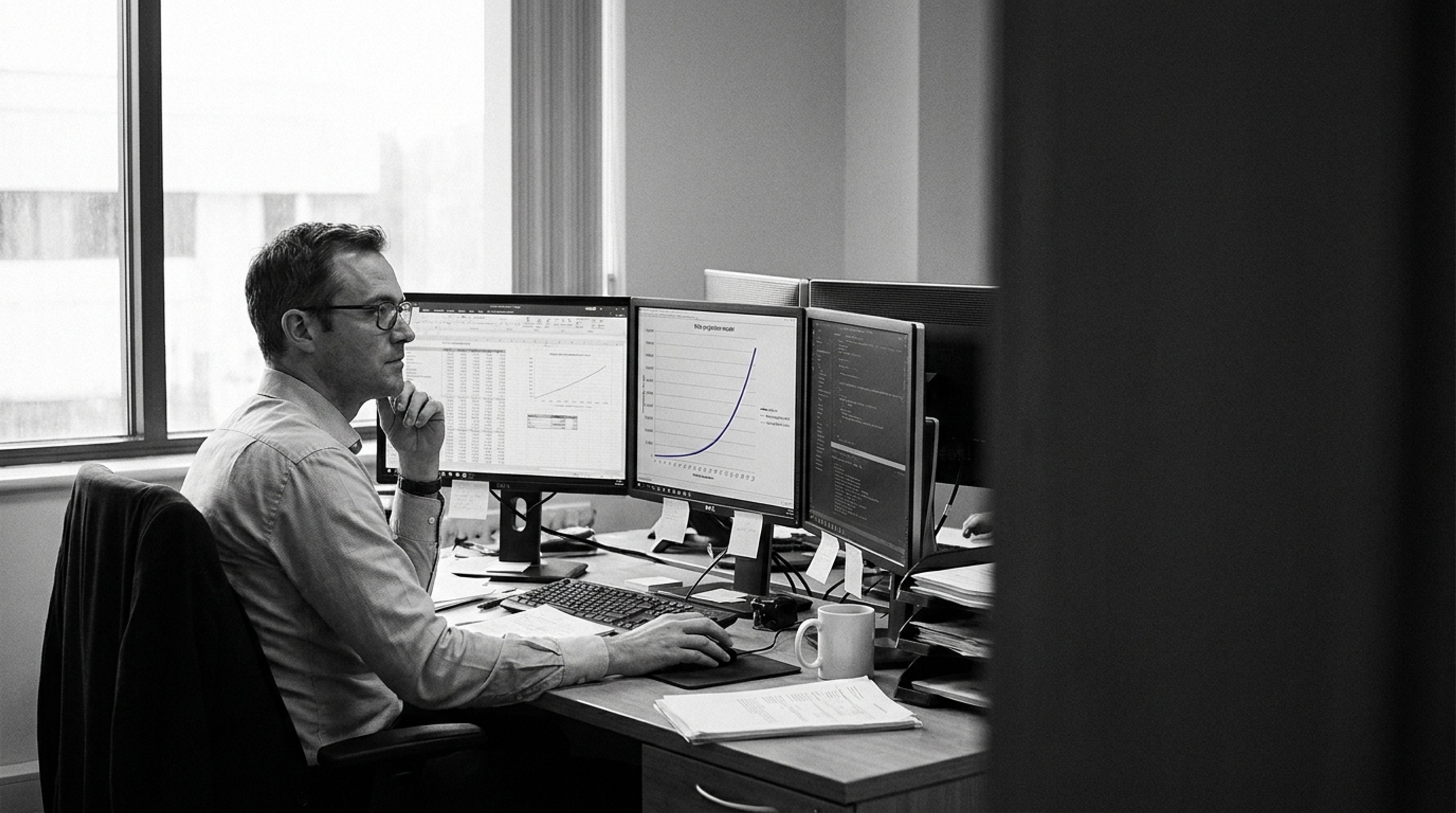A man in glasses works at a desk with three computer monitors displaying data visualizations and code, in black and white.