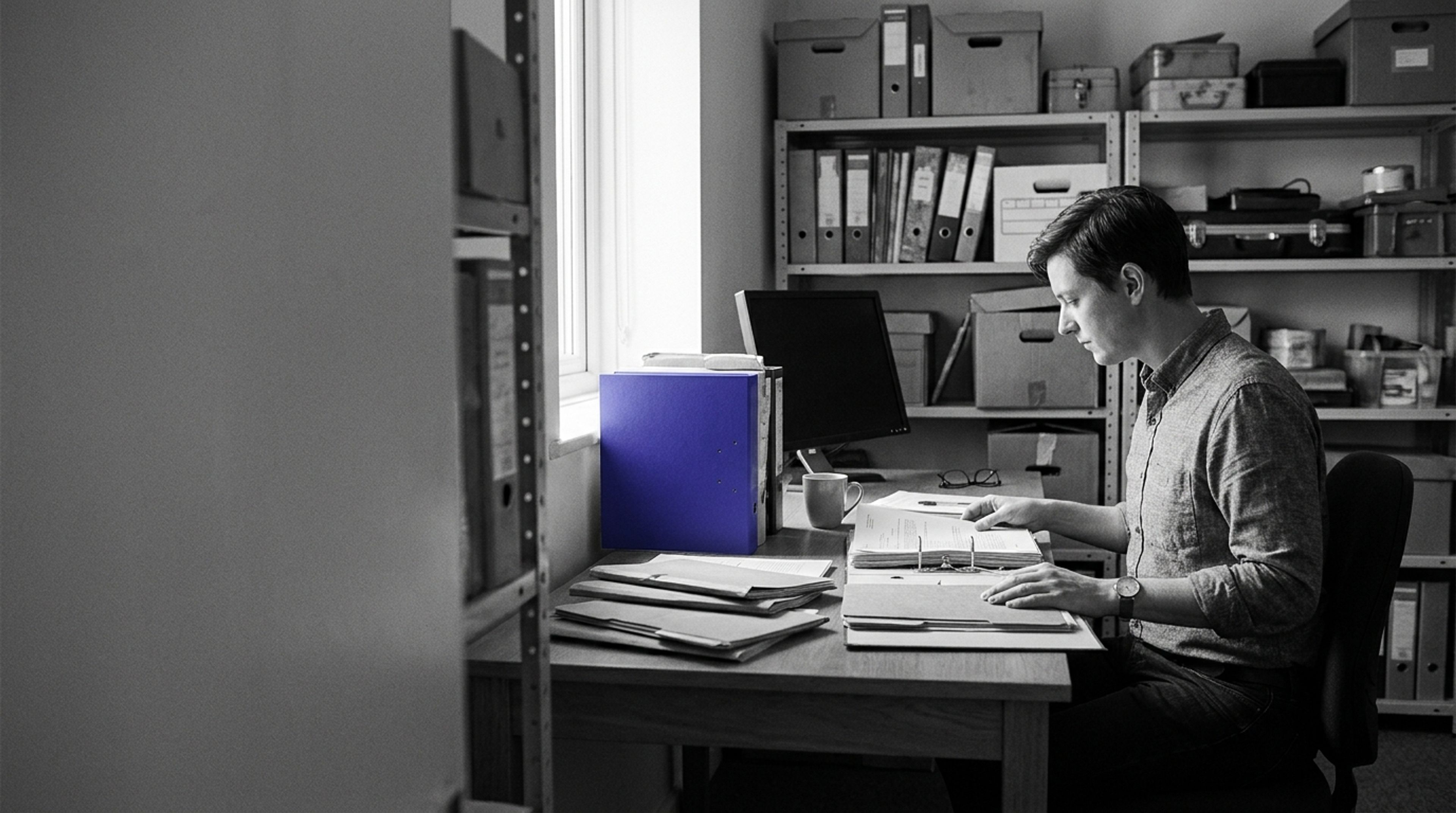 A man reviews documents at a desk in a grayscale office, with a blue binder highlighted in color.