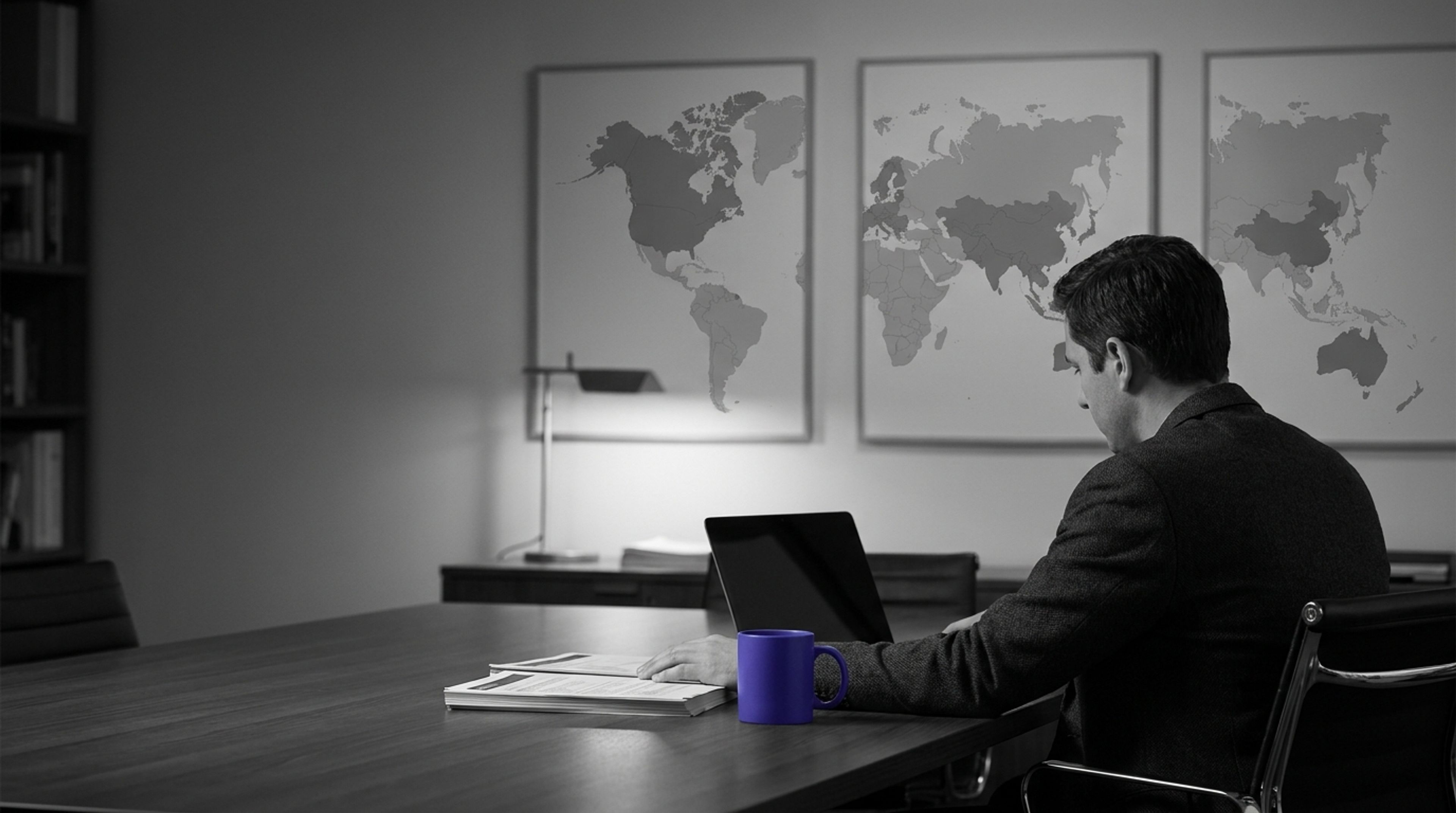 Policy analyst working at a desk beneath three abstract world maps, with a single indigo coffee mug