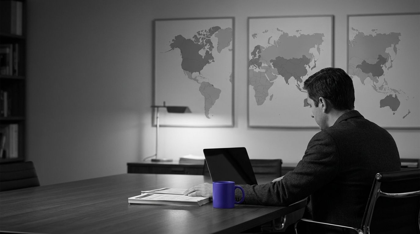 Policy analyst working at a desk beneath three abstract world maps, with a single indigo coffee mug