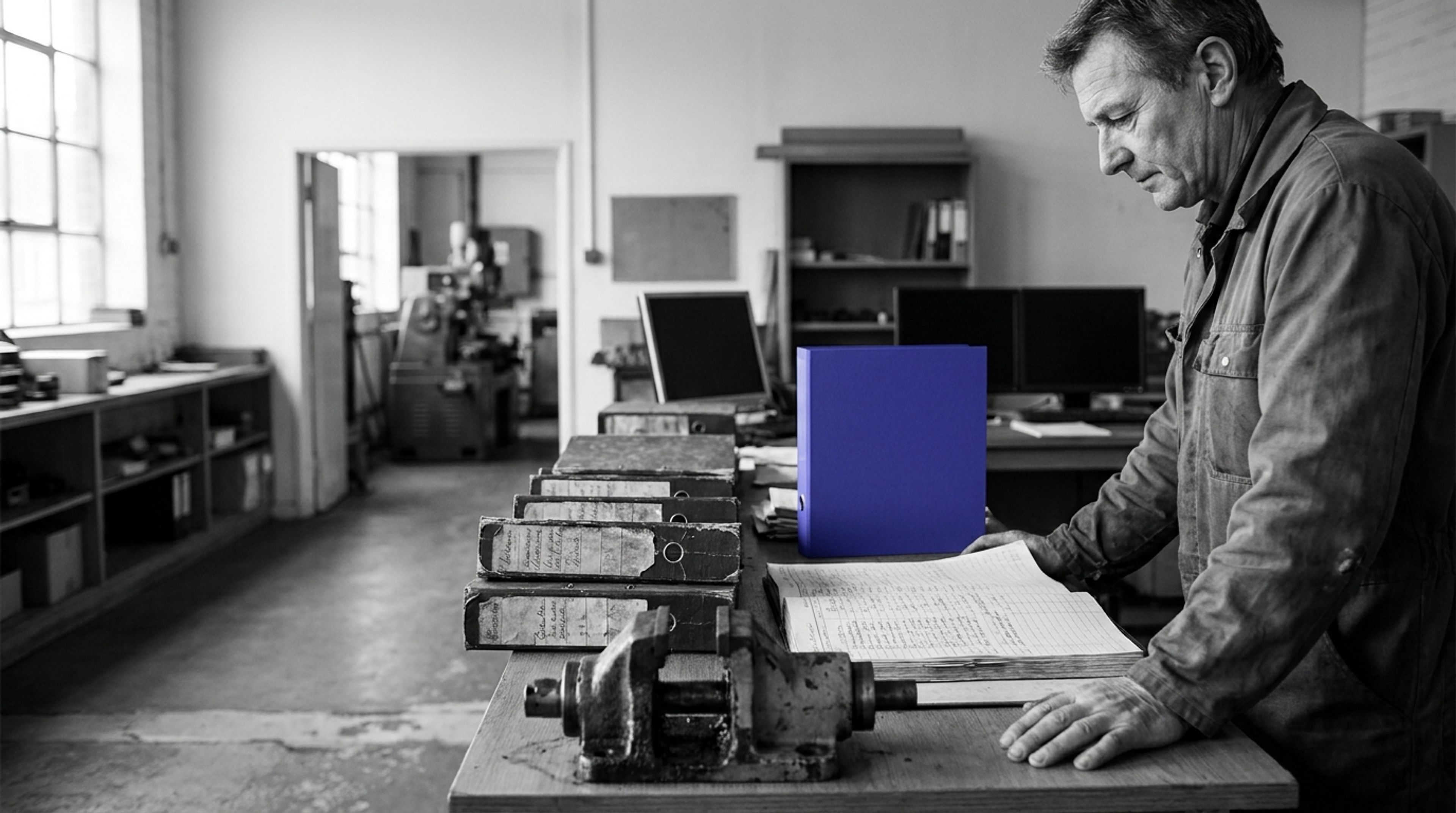 Maintenance engineer reviews machinery records beside a single indigo archive folder in an otherwise black-and-white industrial workspace.