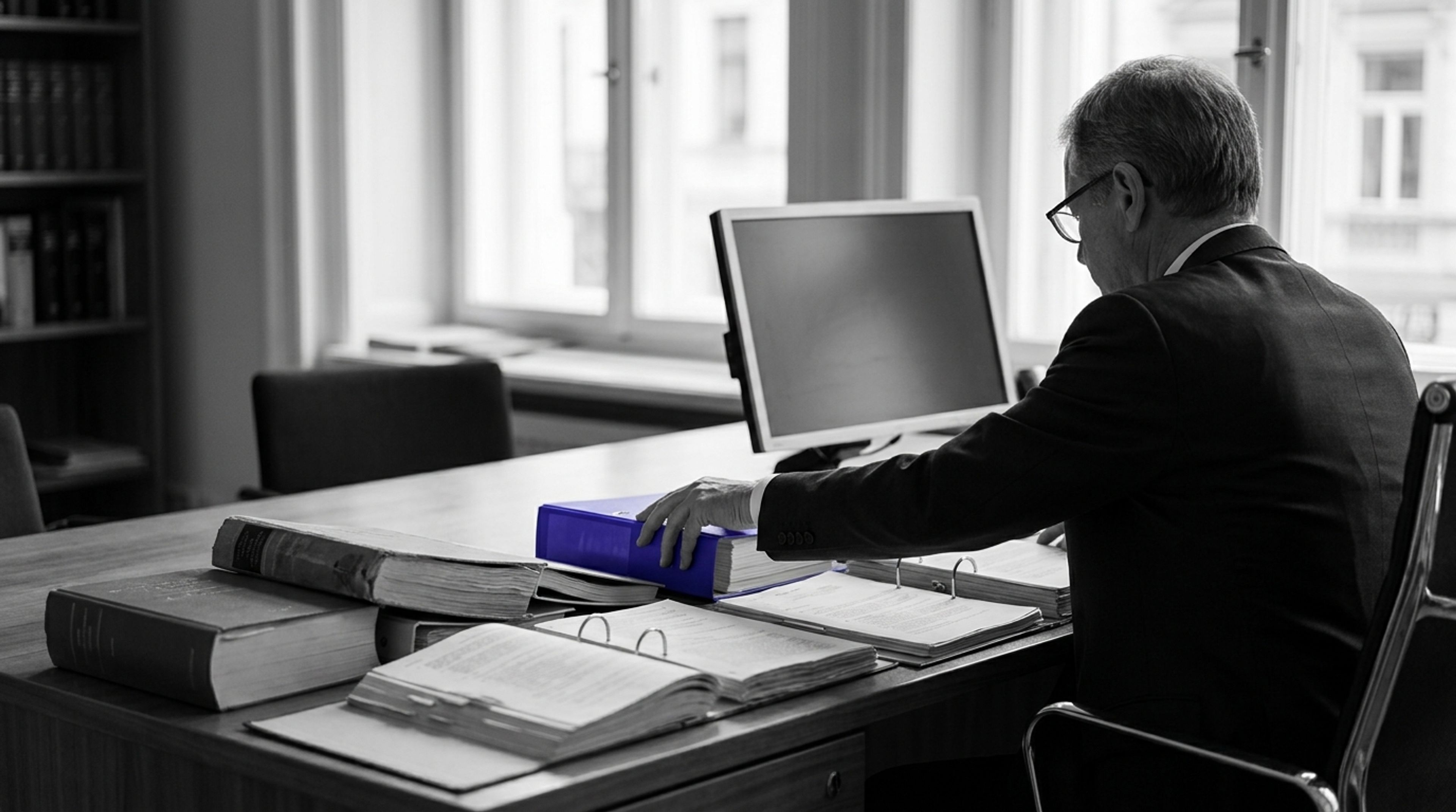 A senior man at a desk of rulebooks reaches for an indigo binder.