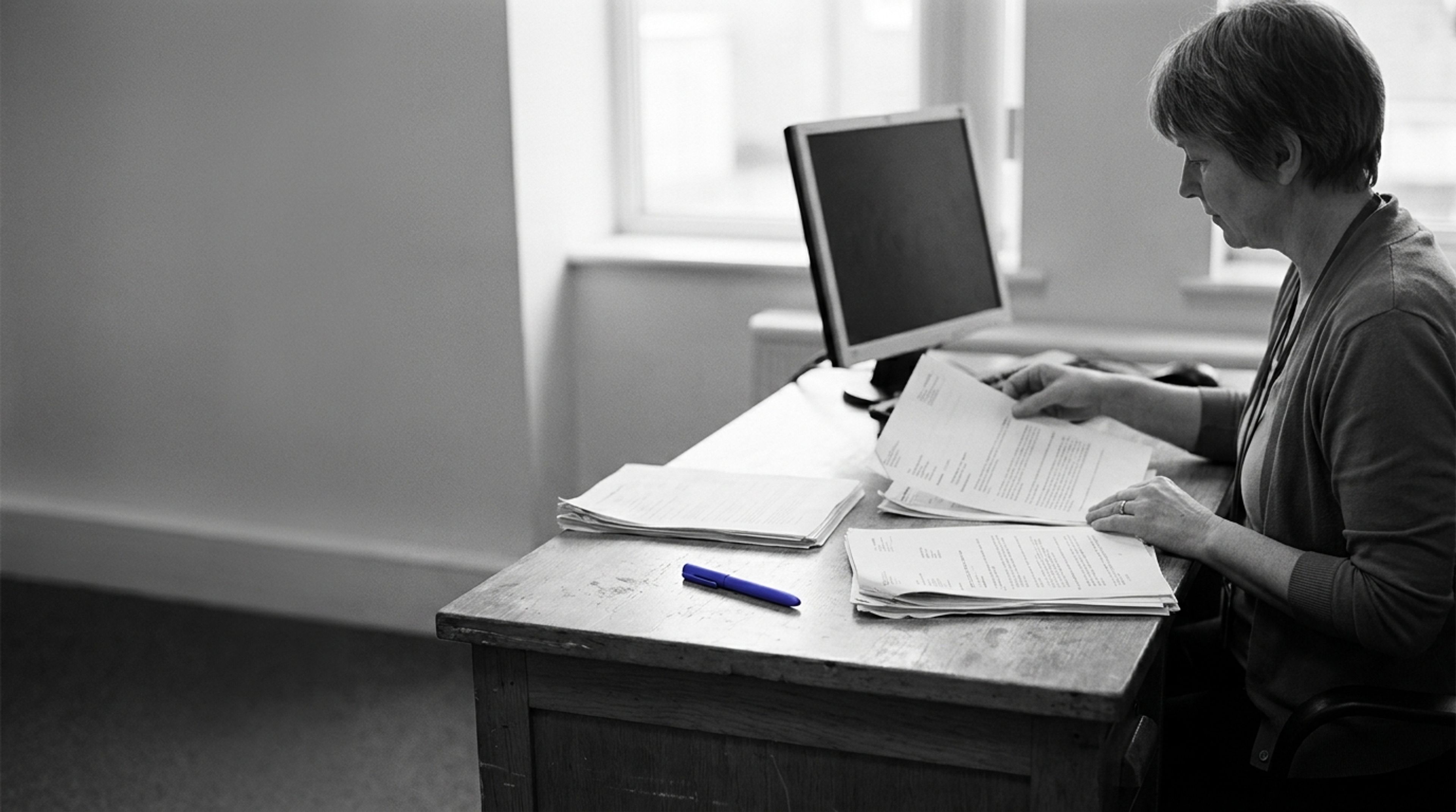 Black and white image of a woman reviewing papers at a desk with a computer monitor, featuring a blue pen in color.