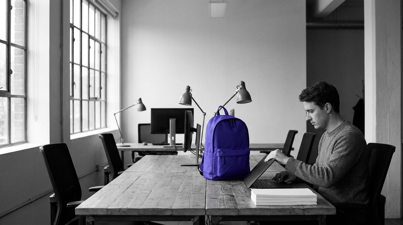 An engineer at a laptop in a quiet office, with an indigo backpack on the desk.