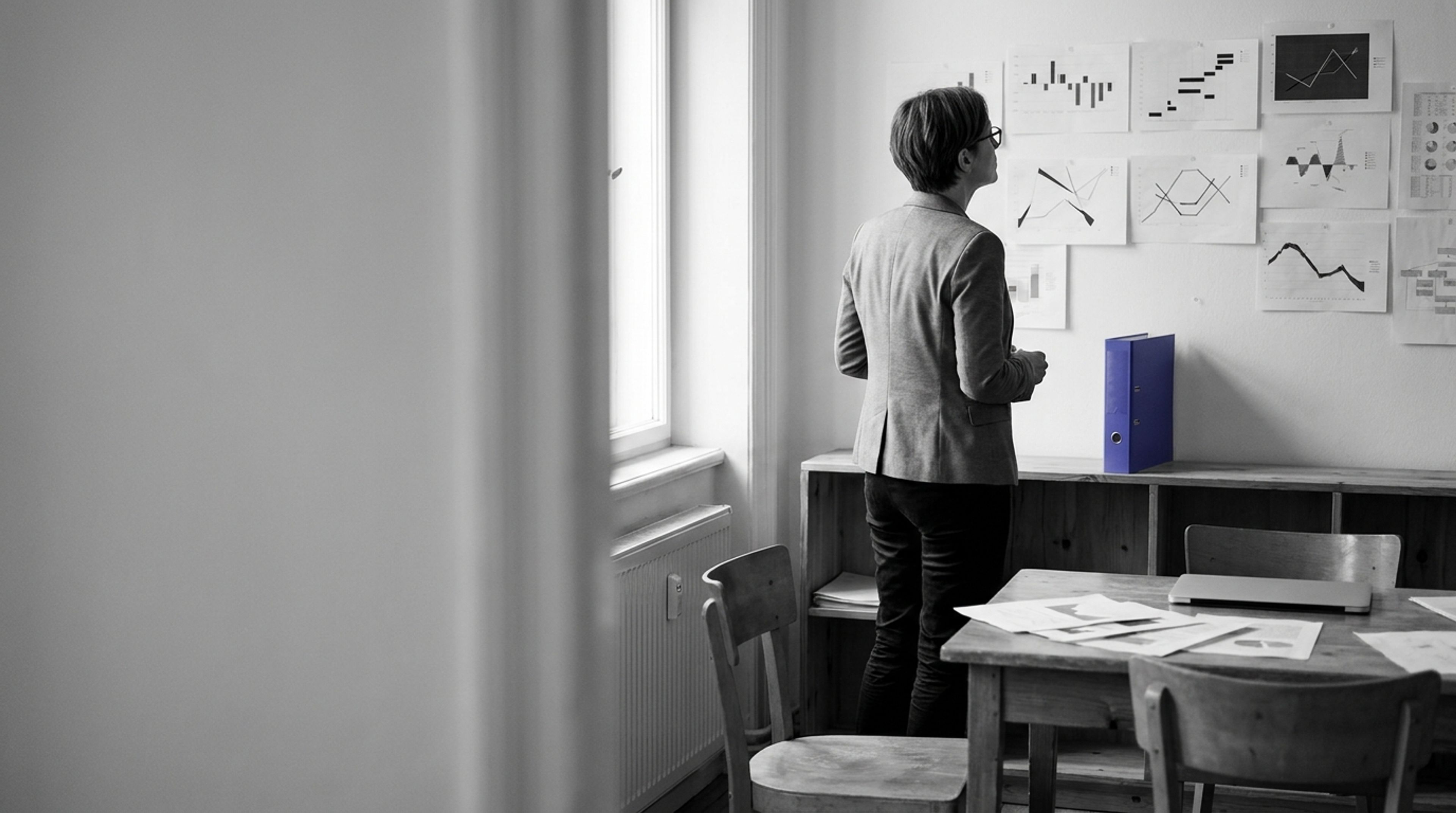 Policy lead studying a wall of pinned documents, with an indigo folder spine on a shelf