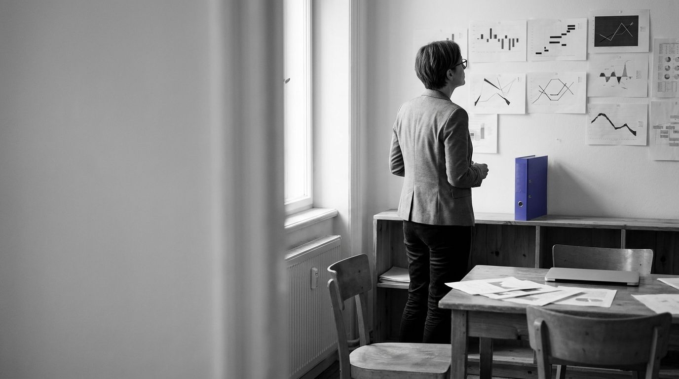 Policy lead studying a wall of pinned documents, with an indigo folder spine on a shelf
