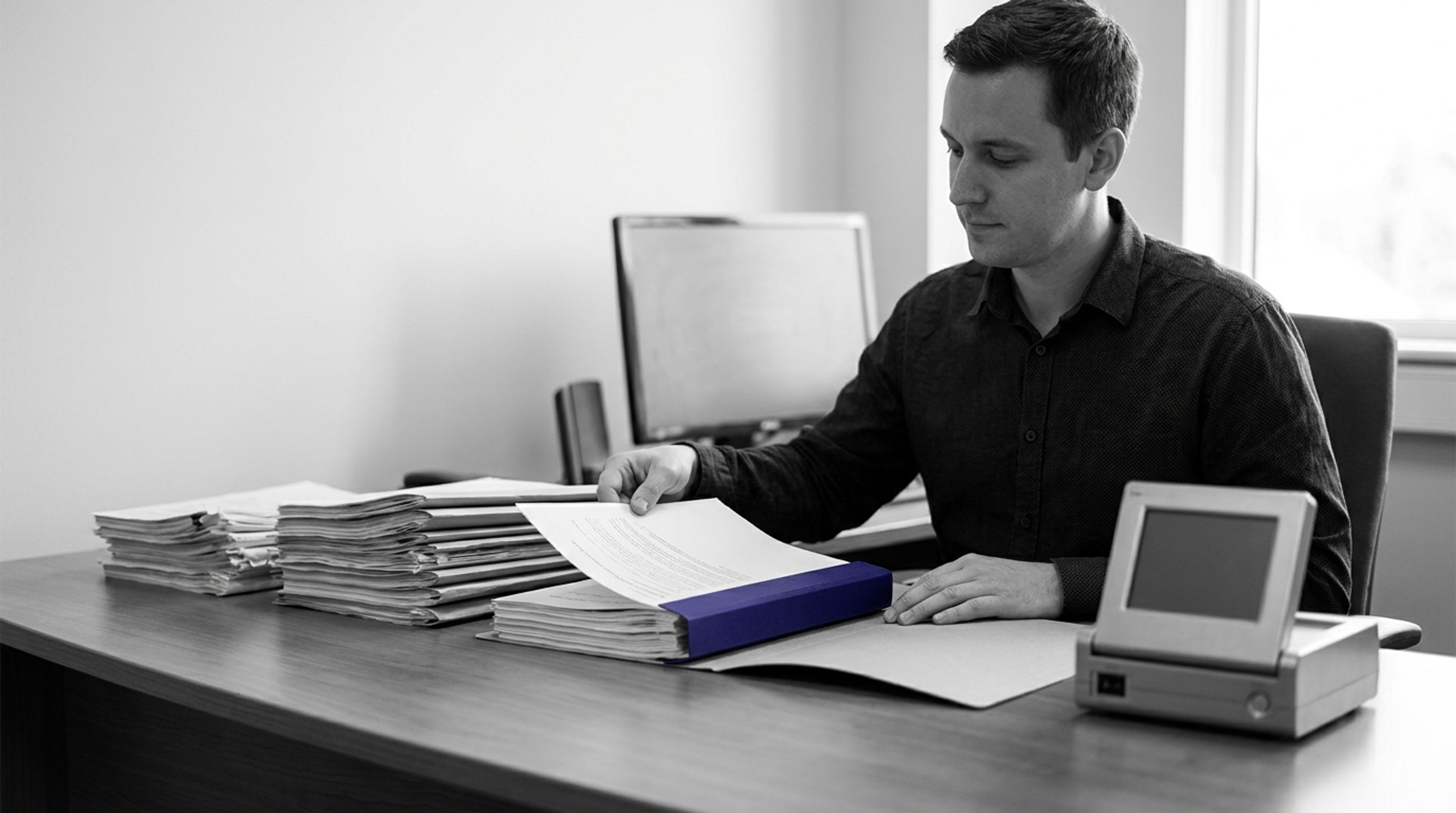 A regulatory specialist consolidates two document stacks into one assessment file, marked by a vivid indigo folder spine in an otherwise black-and-white workspace.