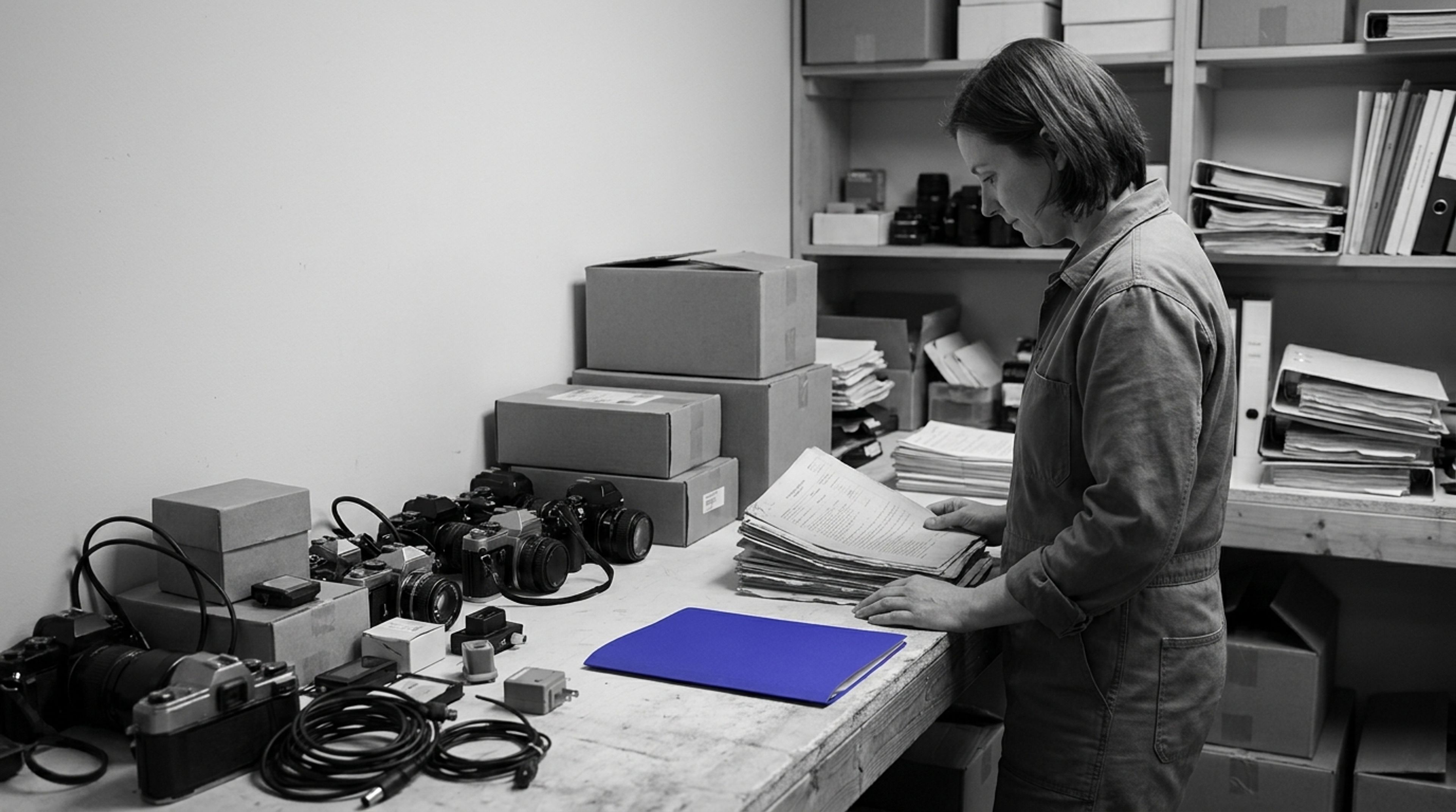 A woman in a monochromatic setting reviews papers at a workbench overflowing with cameras, boxes, and cables, with a striking blue folder on the table. Shelves full of files are in the background.