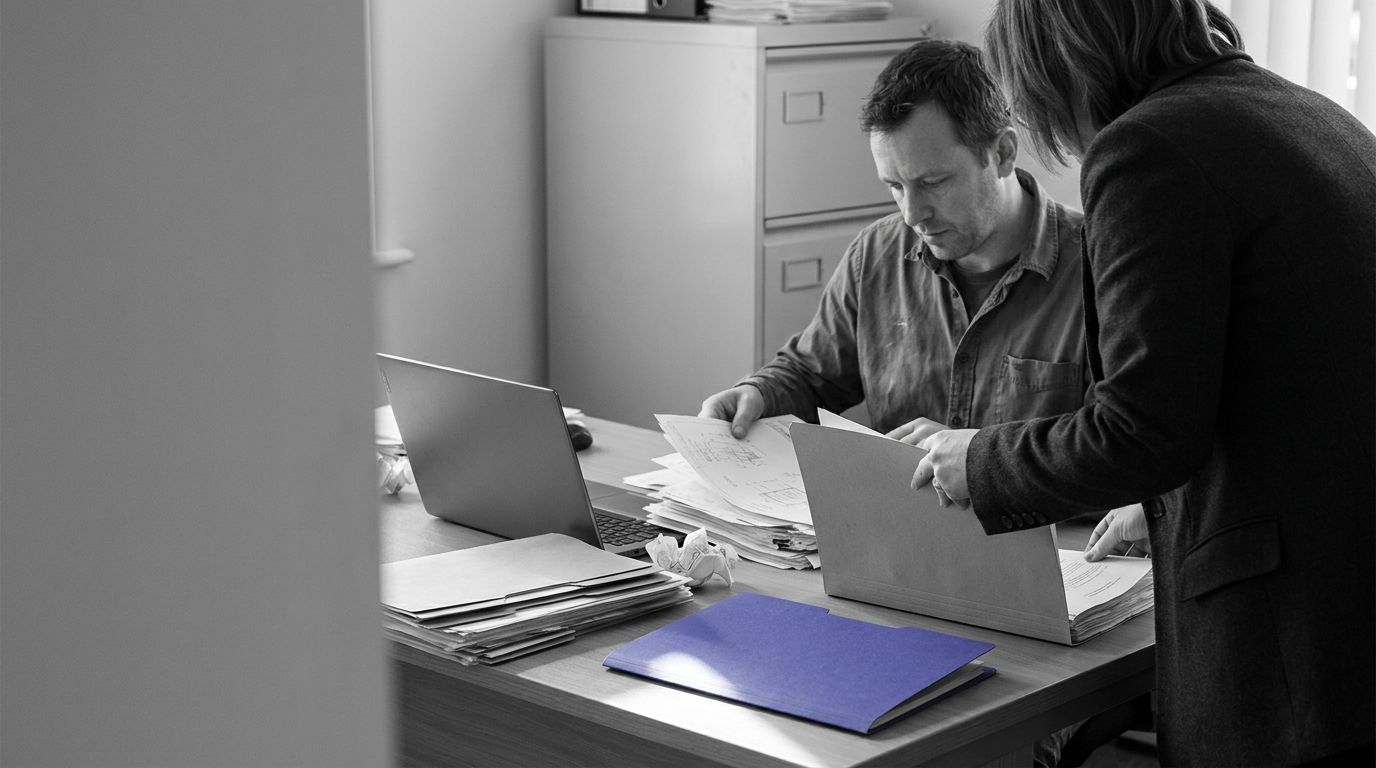 Two men review documents at a cluttered office desk, with a prominent blue folder.