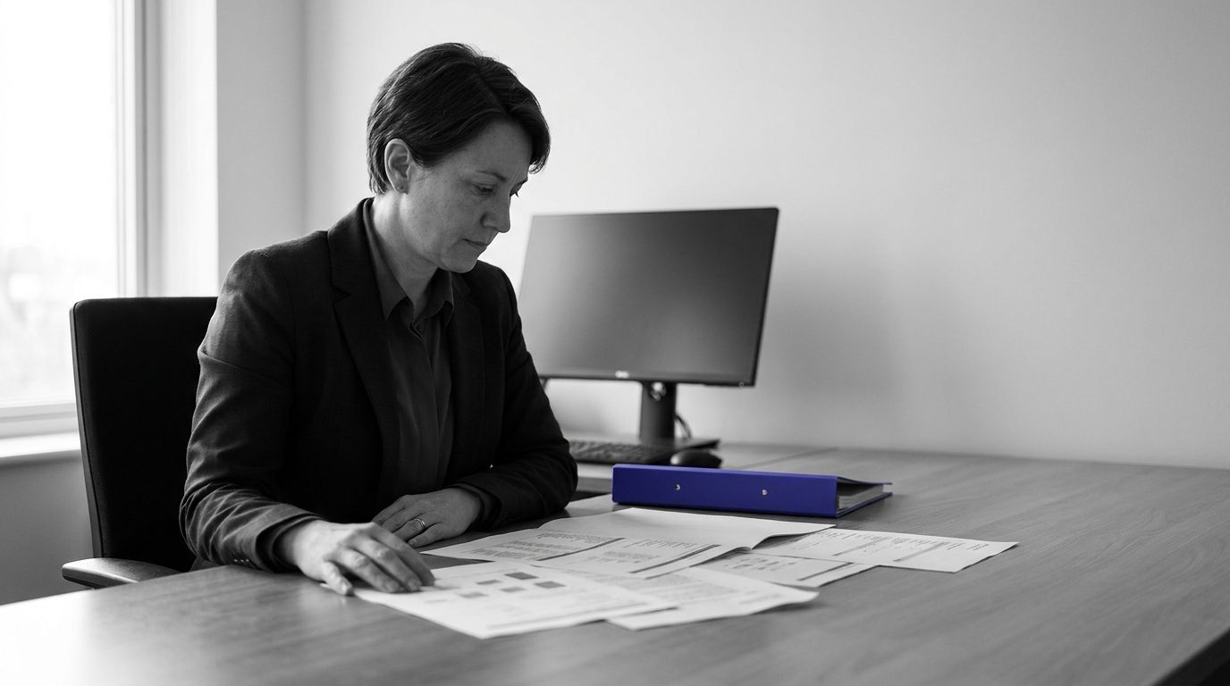 Black and white photo of a woman in a suit at a desk reviewing documents, with a blue binder.