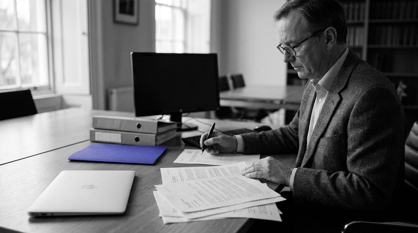 A man writes at an office desk with papers, a laptop, and binders; a blue folder is highlighted in color against the black and white scene.
