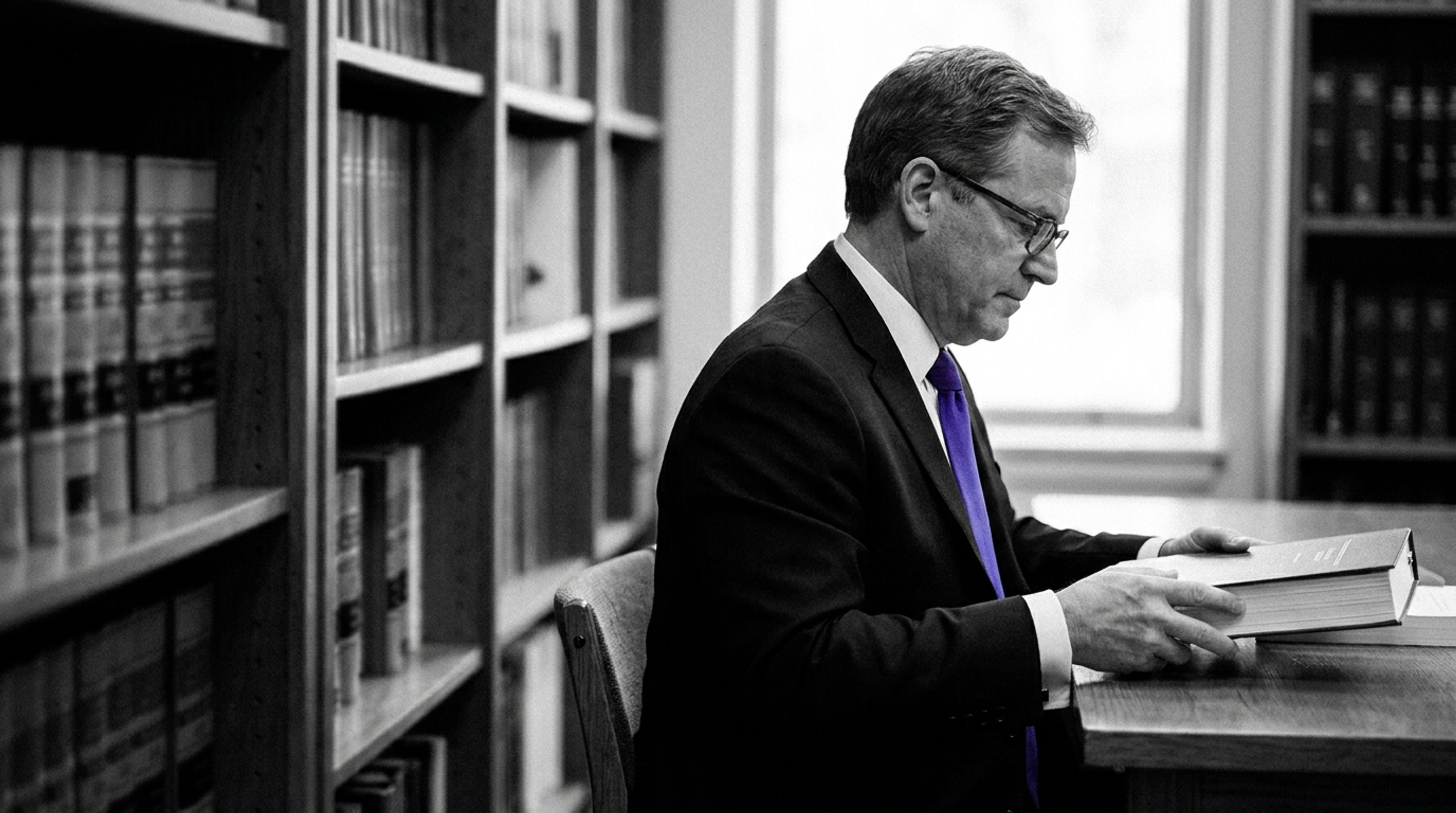 A lawyer in an indigo tie reads a bound memo in a law library.